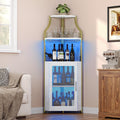 GarveeHome Corner Bar Wine Cabinet with LED Lights, 5-Tier Industrial Wine Cabinet with Glass Holder, Modern Liquor Cabinet with Adjustable Shelf, Home Bar Cabinet with Mesh Door, Gold