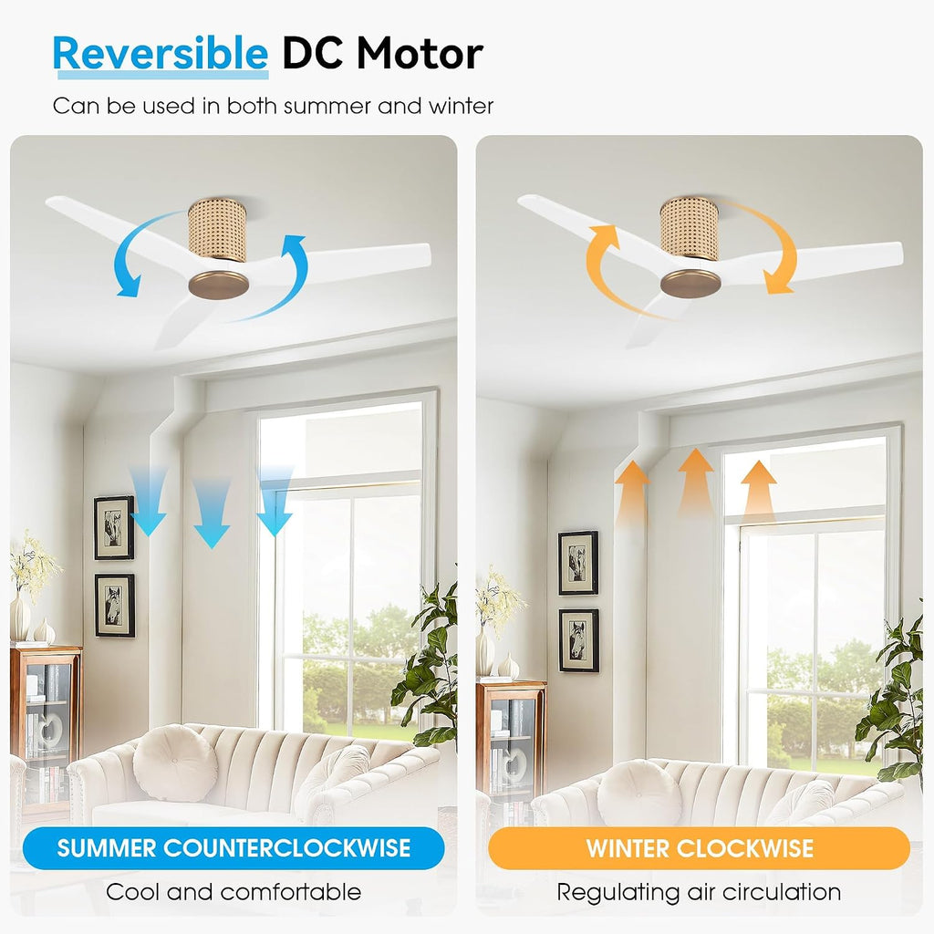 LEDLUX 48' Ceiling Fan No Light - Low Profile Flush Mount Ceiling Fan, 6-Speed Remote Control, Solid Wood, Quiet Reversible DC Motor, White/Gold Finish, for Bedroom, Living Room, Porch