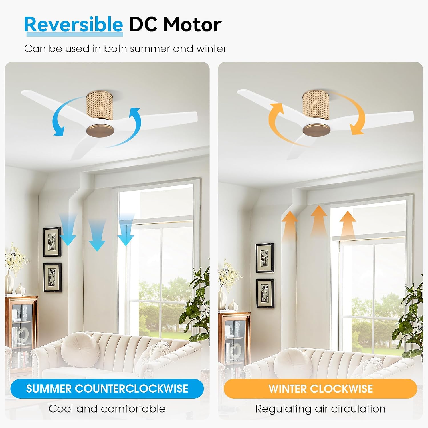 LEDLUX 48' Ceiling Fan No Light - Low Profile Flush Mount Ceiling Fan, 6-Speed Remote Control, Solid Wood, Quiet Reversible DC Motor, White/Gold Finish, for Bedroom, Living Room, Porch