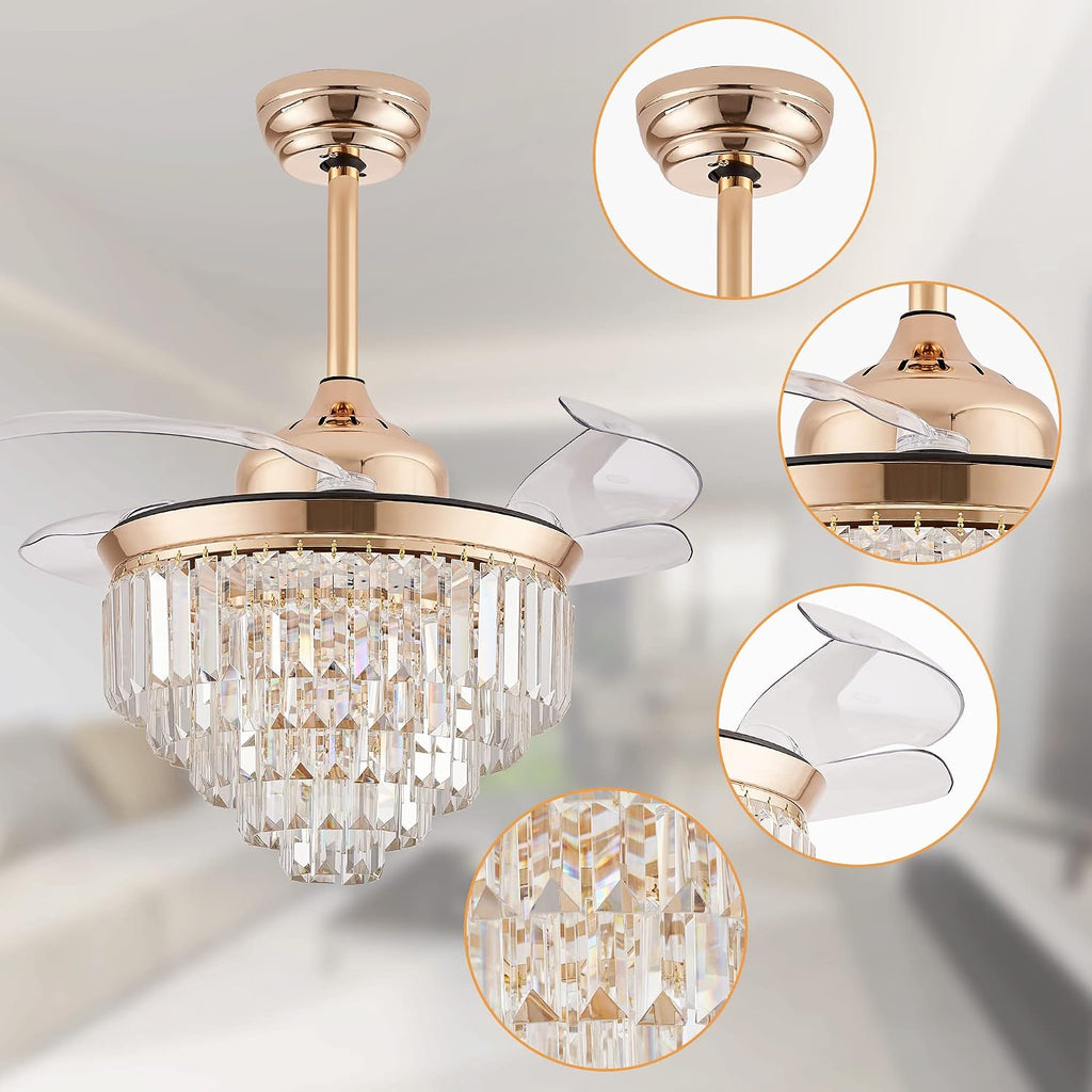 Finktonglan 36' Gold Crystal Flush Mount Fandelier Ceiling Fan with Light, Retractable Blades, Dimmable 72W LED, Remote & App Control, Quiet Reversible Motor, 6 Speeds for Bedroom/Living Room