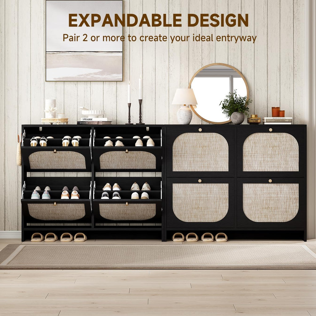 Nicetree Shoe Cabinet Storage for Entryway, Narrow Shoe Organizers with 4 Flip Drawers, Freestanding Large Shoe Rack with 3-Tier Adjustable Shelves for Hallway Entryway Foyer Black