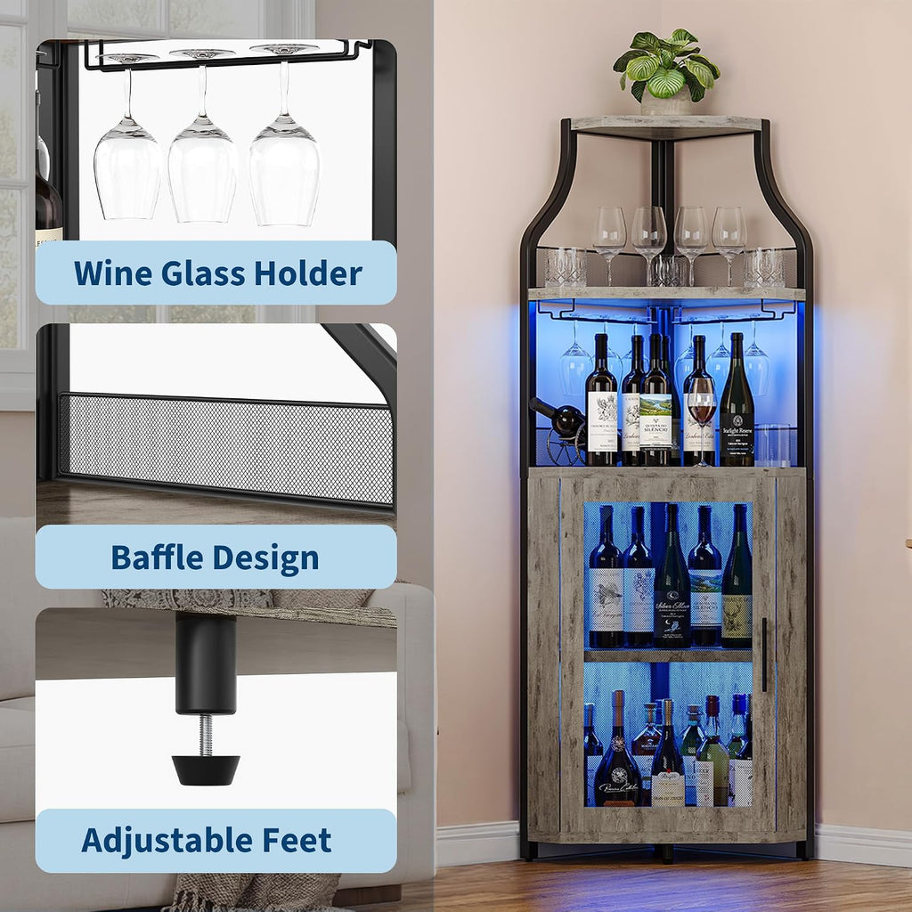 GarveeHome Corner Bar Wine Cabinet with LED Lights, 5-Tier Industrial Wine Cabinet with Glass Holder, Modern Liquor Cabinet with Adjustable Shelf, Home Bar Cabinet with Mesh Door, Grey