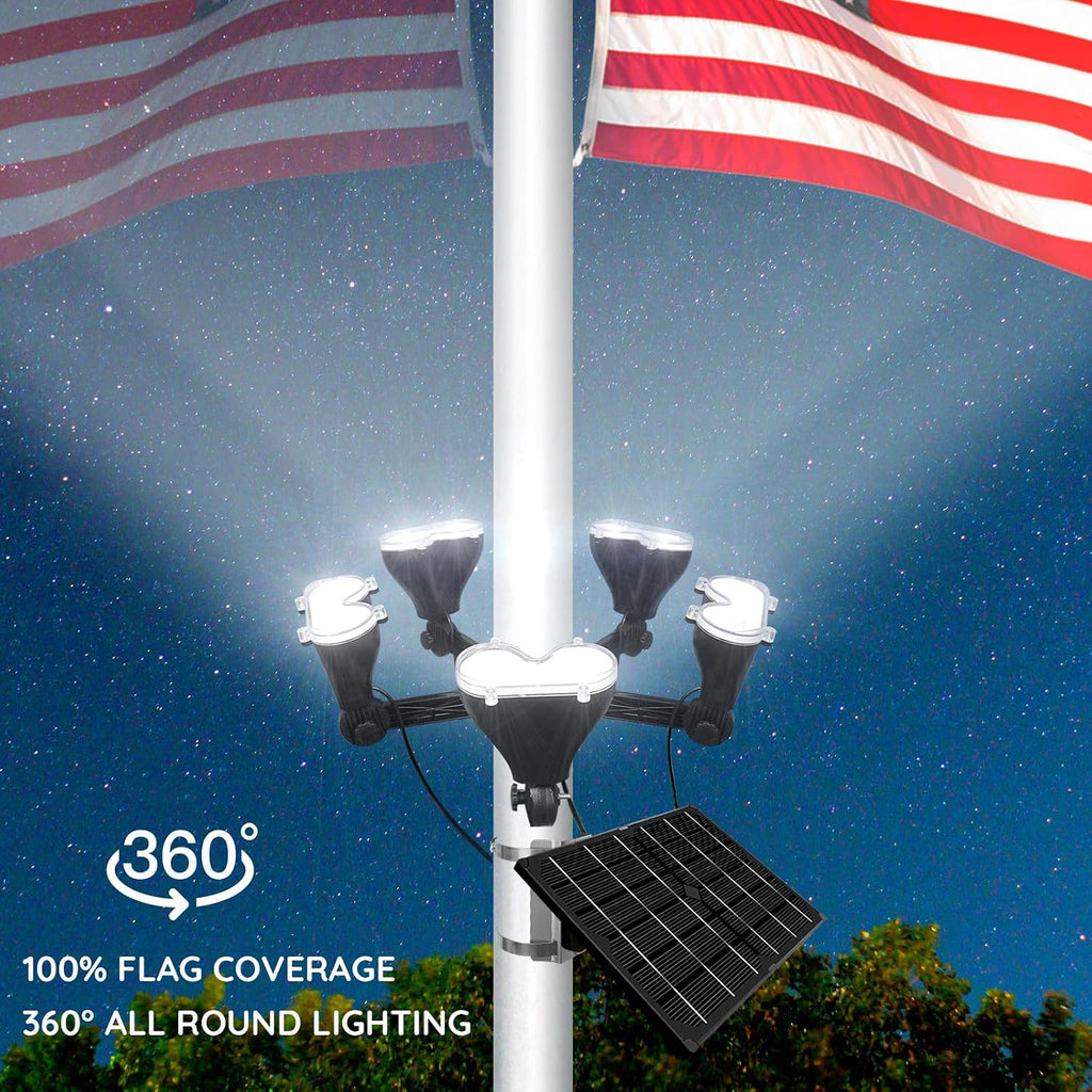 Flag Pole Light Solar Powered 12000mAh Battery Solar Flagpole Light 3600 Lumen Adjustable Metal Clamp Fit 2-6' Dia Flagpole 5 Super Bright Solar Spotlights Outdoor Waterproof Dusk to Dawn
