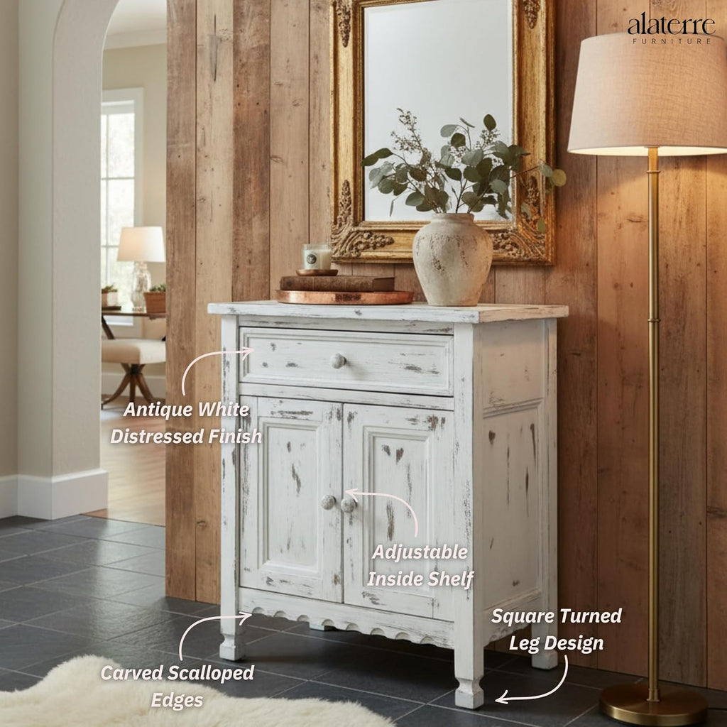 Alaterre Furniture Country Cottage Accent Cabinet with Drawer, Adjustable Shelf & 2 Doors – Modern Farmhouse Sideboard Buffet Storage Cabinet for Living Room, Dining Room or Entryway (White Antique)