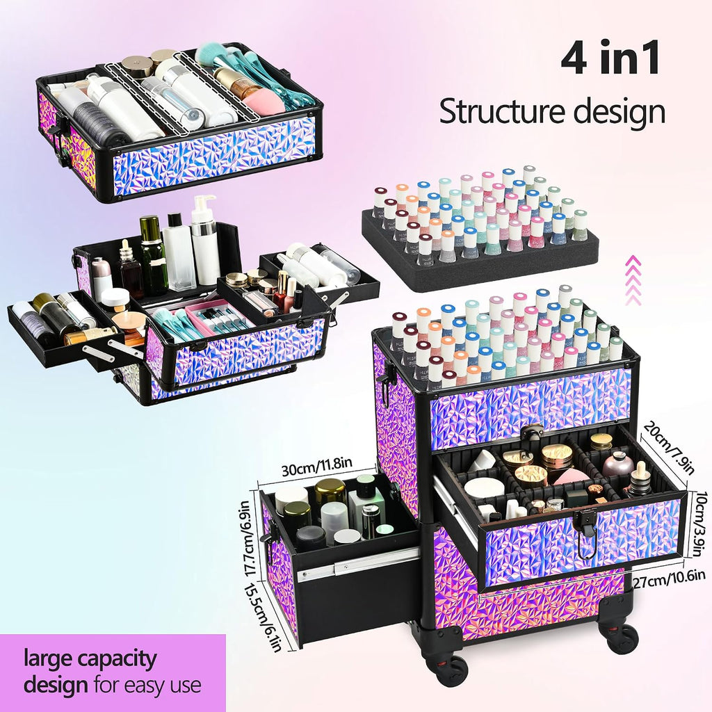 Makeup Train Case with Drawer, Rolling Makeup Case, Cosmetology Case on Wheels, Gift, Large Makeup Case Organizers, Professional for Salon Barber, Nail, Tattoo, Black Colourful