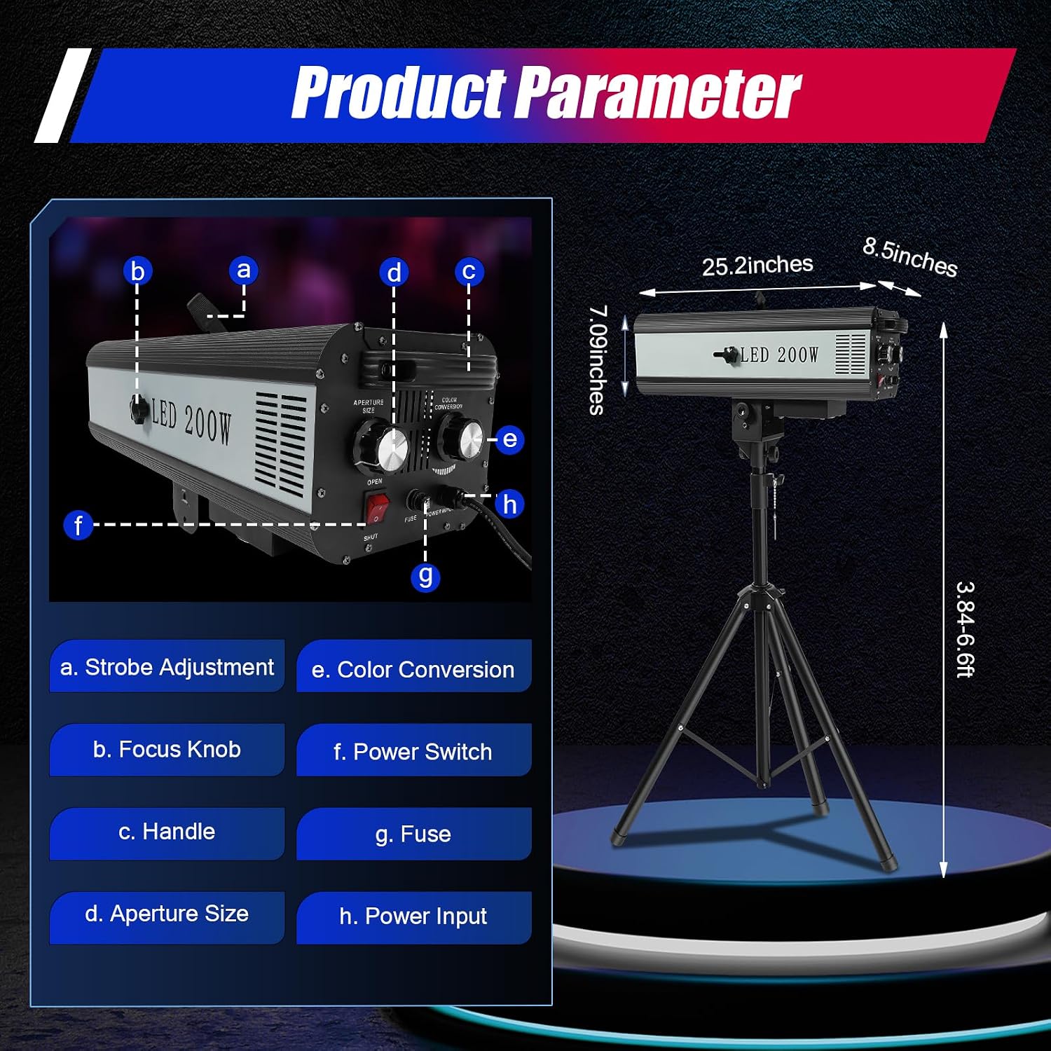 LED Follow Stage Spot Light with Stand, 200W Muti-Color Manual Control Stage Spotlight Stage Spot Focused Lamp Professional Performance Lights for Event Theater（Ships in 2 Packages）