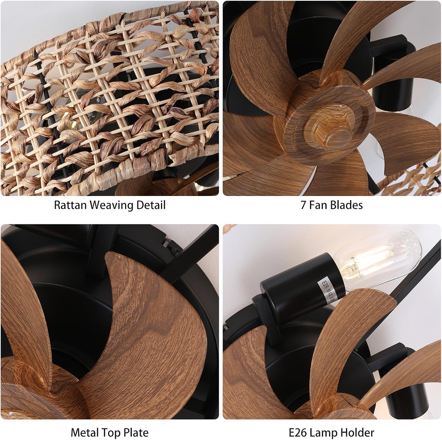 Ganeed 20' Boho Fandelier Ceiling Fan with Light, Rattan Caged Ceiling Fan with Light and Remote Control, Quiet Reversible Motor Enclosed Low Profile 6 Speeds for Bedroom Living Room Porch Kids Room