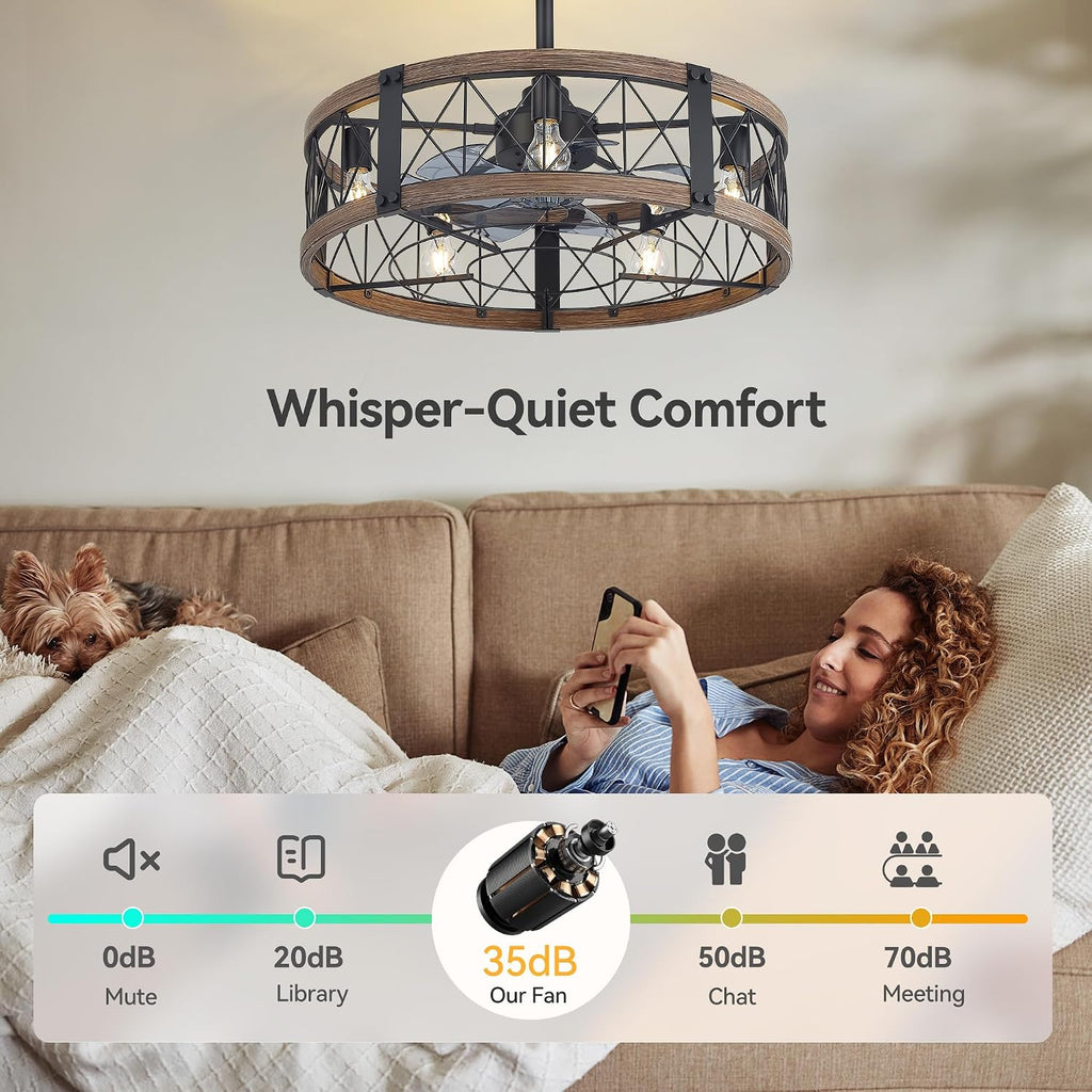 28' Traditional Caged Ceiling Fans with Lights and Remote, 6-Speed Reversible DC Motor, 2 Downrods, Industrial Black and Brown Farmhouse Enclosed Ceiling Fan for Bedroom Living Room