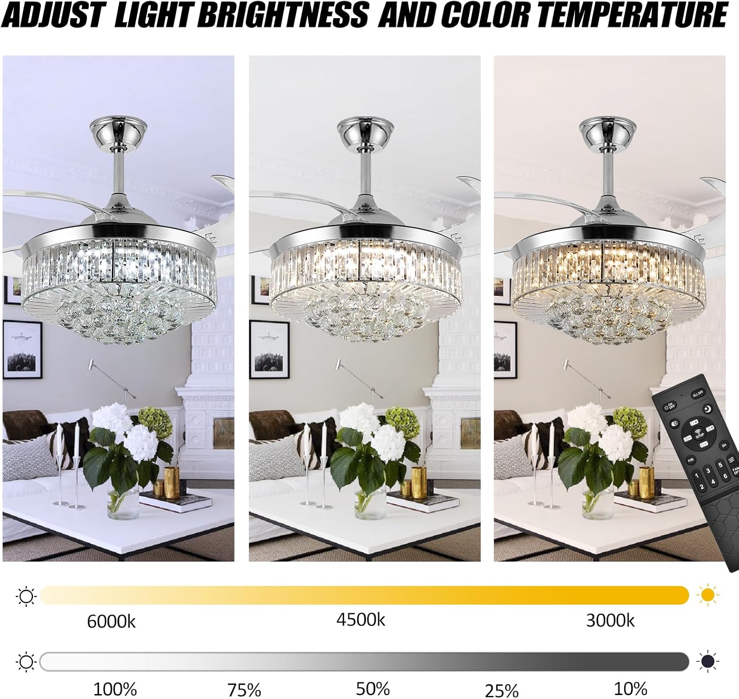 36' Invisible Ceiling Fan Chandelier Light,Modern Crystal Ceiling Fan Light Remote Control 4 Retractable ABS Blades for Bedroom Living Room Dining Room Decoration (Silver)