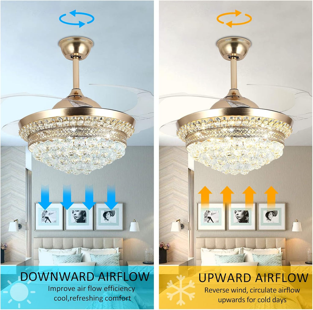 42' Invisible Ceiling Fan Chandelier with Light,Modern Crystal Ceiling Fan Light Remote Control 4 Retractable ABS Blades for Bedroom Living Dining Room Decoration (Golden)