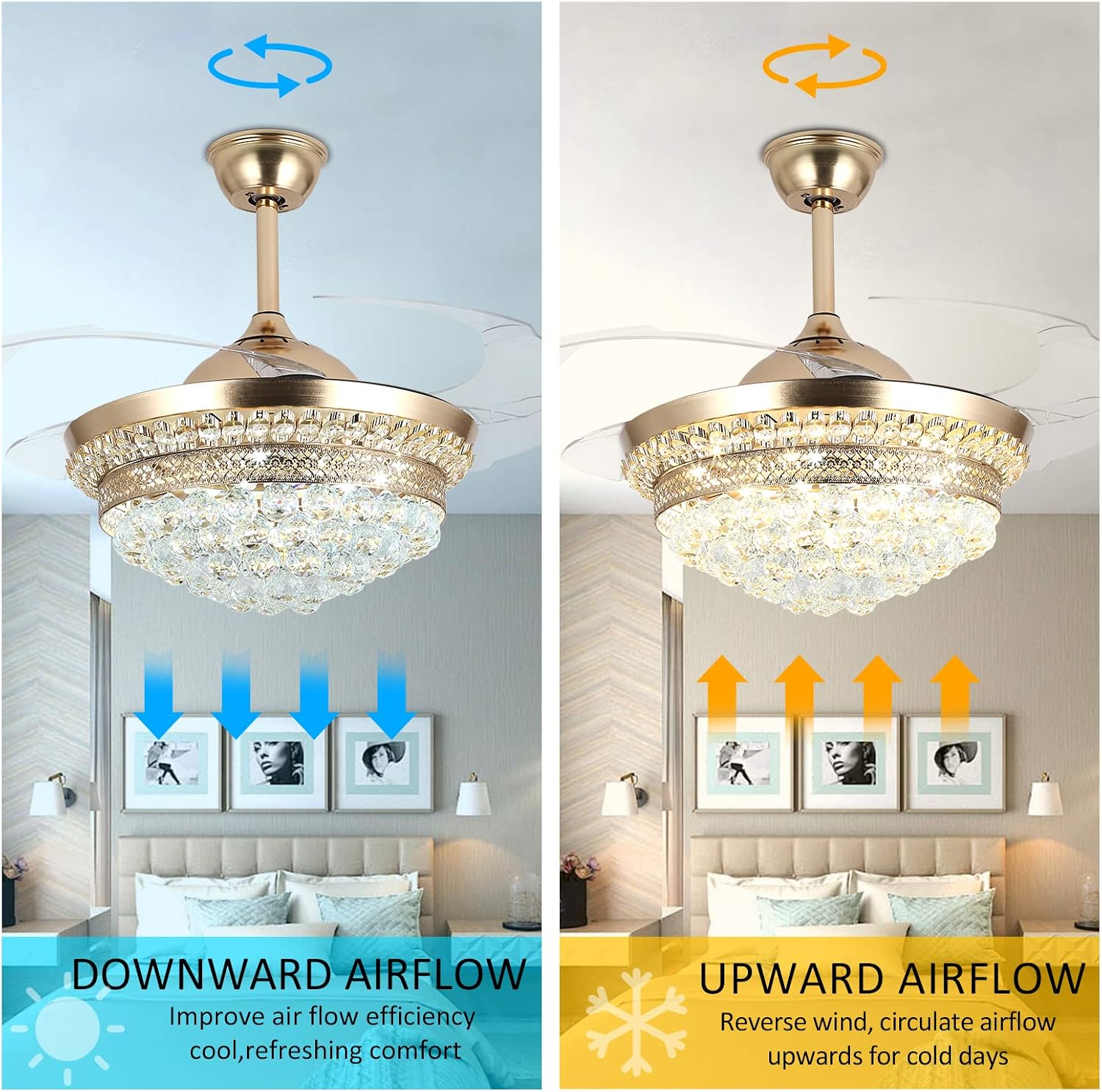 42' Invisible Ceiling Fan Chandelier with Light,Modern Crystal Ceiling Fan Light Remote Control 4 Retractable ABS Blades for Bedroom Living Dining Room Decoration (Golden)
