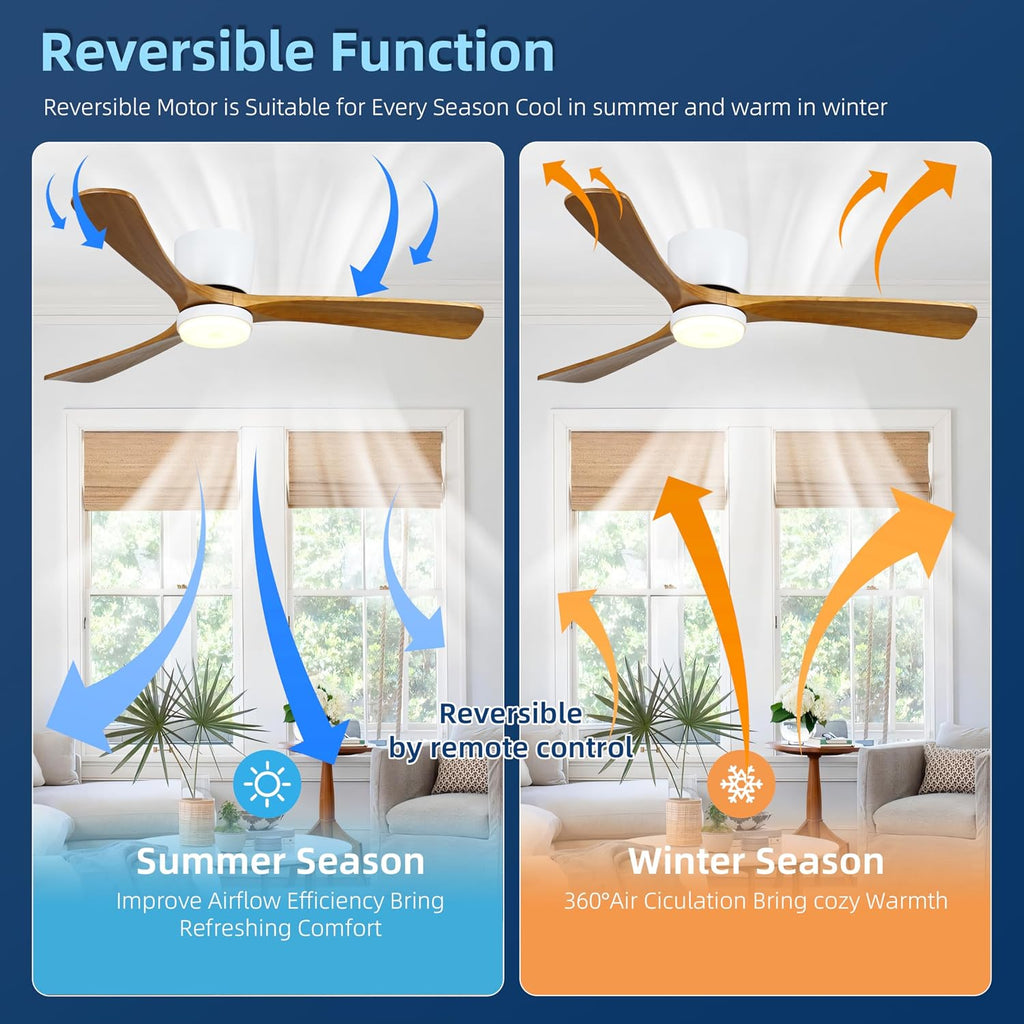 Ceiling Fans with Lights and Remote Control, 42 Inch Solid Wood Blade, Low Profile Flush Mount, LED Dimmable DC Reversible Modern Ceiling Fans with APP Control for Bedrooms, Living Rooms, Patio, White
