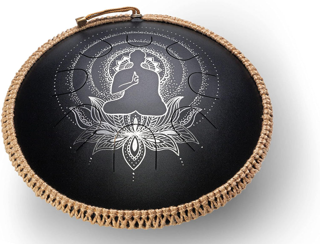 GUDA DRUM Coin Magic Lotus. Double sided drum with Rope Decoration and FREE Mallets. Premium Tongue Drum