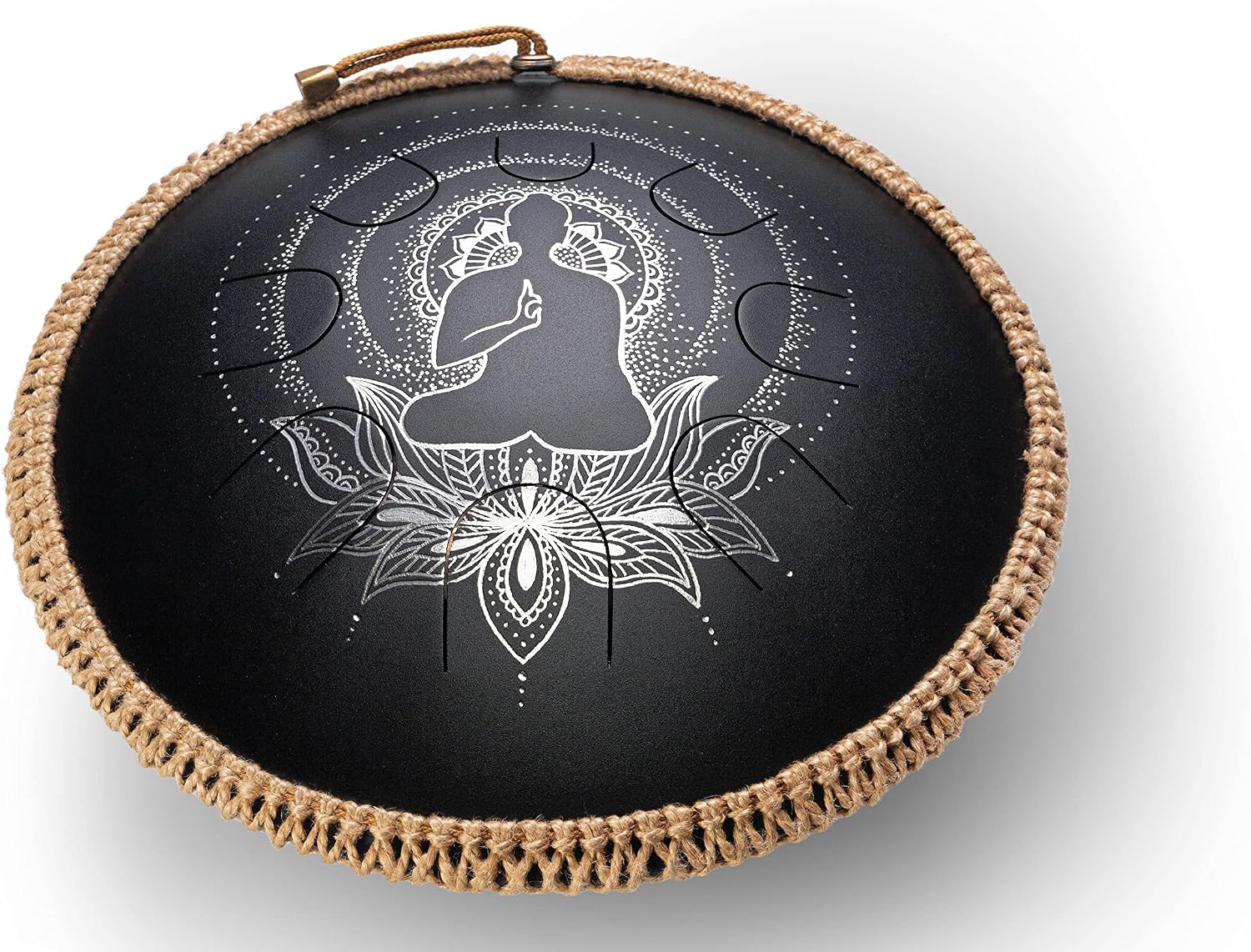 GUDA DRUM Coin Magic Lotus. Double sided drum with Rope Decoration and FREE Mallets. Premium Tongue Drum