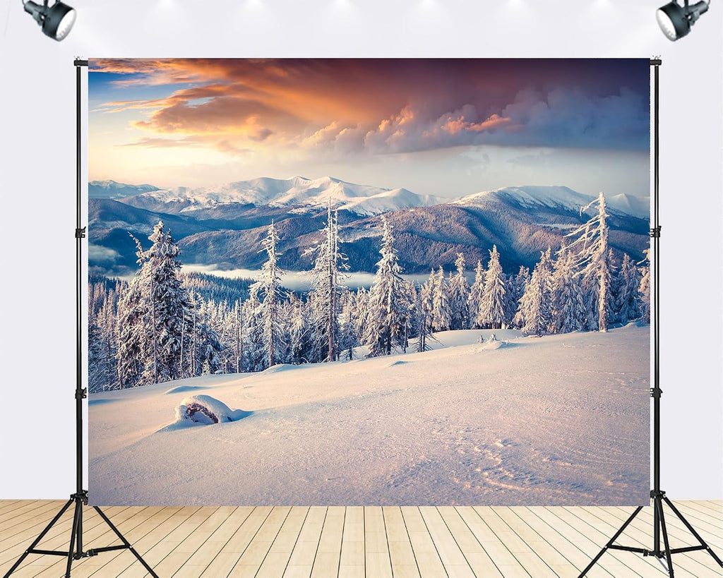 Trykid 20x10ft Snowy Mountain Forest Backdrop Winter Sunset Pine Trees Alpine Scenery Photography Background Ski Trip Holiday Event Party Decoration Tapestry Photo Booth Prop Fabric