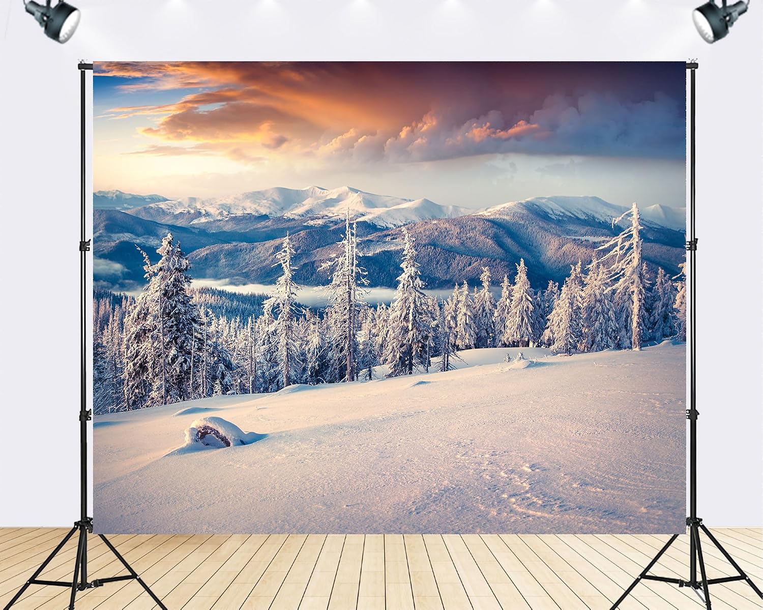 Trykid 20x10ft Snowy Mountain Forest Backdrop Winter Sunset Pine Trees Alpine Scenery Photography Background Ski Trip Holiday Event Party Decoration Tapestry Photo Booth Prop Fabric