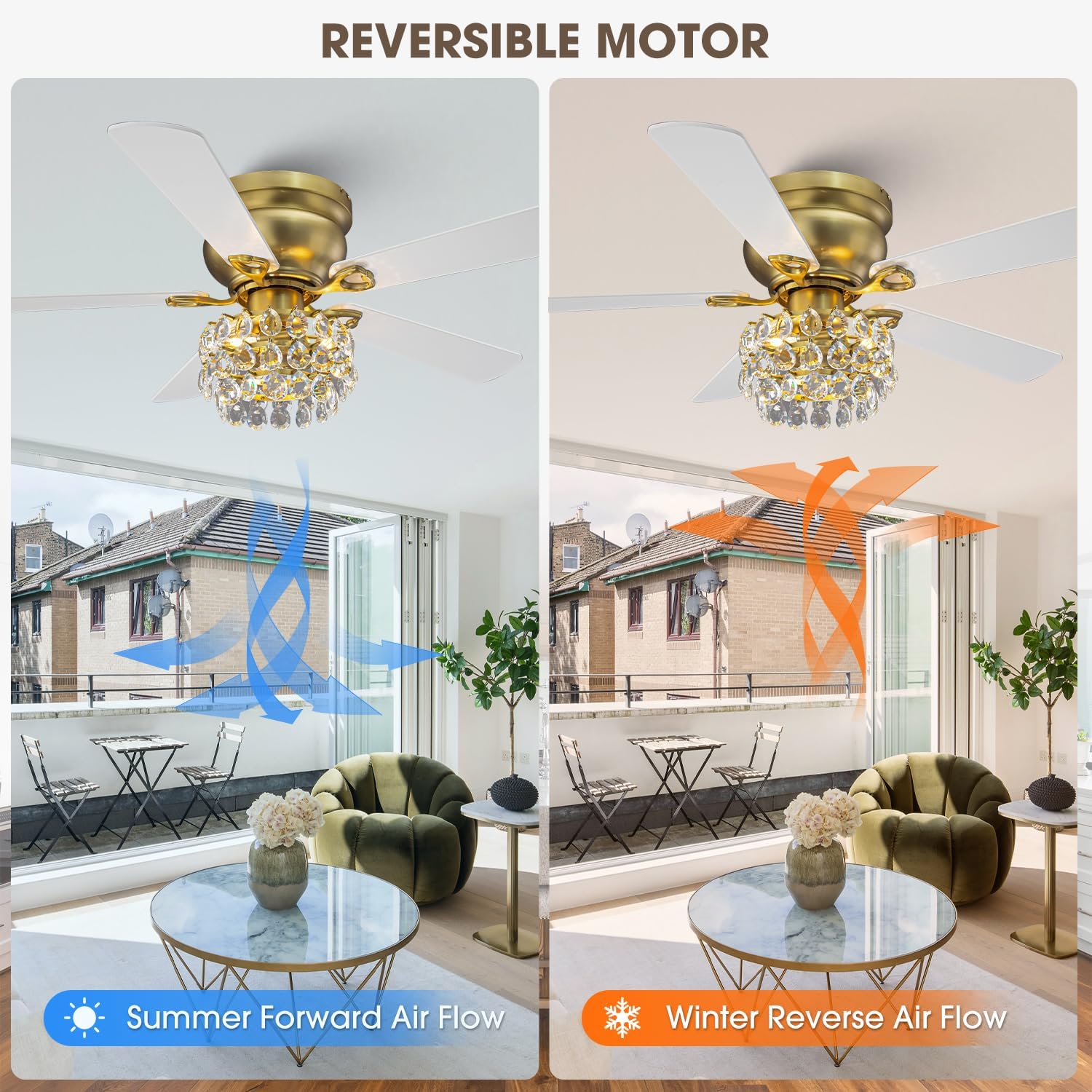 Parrot Uncle Crystal Ceiling Fan,48 Inch Gold Fandelier Chandelier Ceiling Fan with Remote,Low Profile Flush Mount,5 Reversible Blades, 3 Timers, Indoor Vintage Fandelier for Dining Room,Bedroom