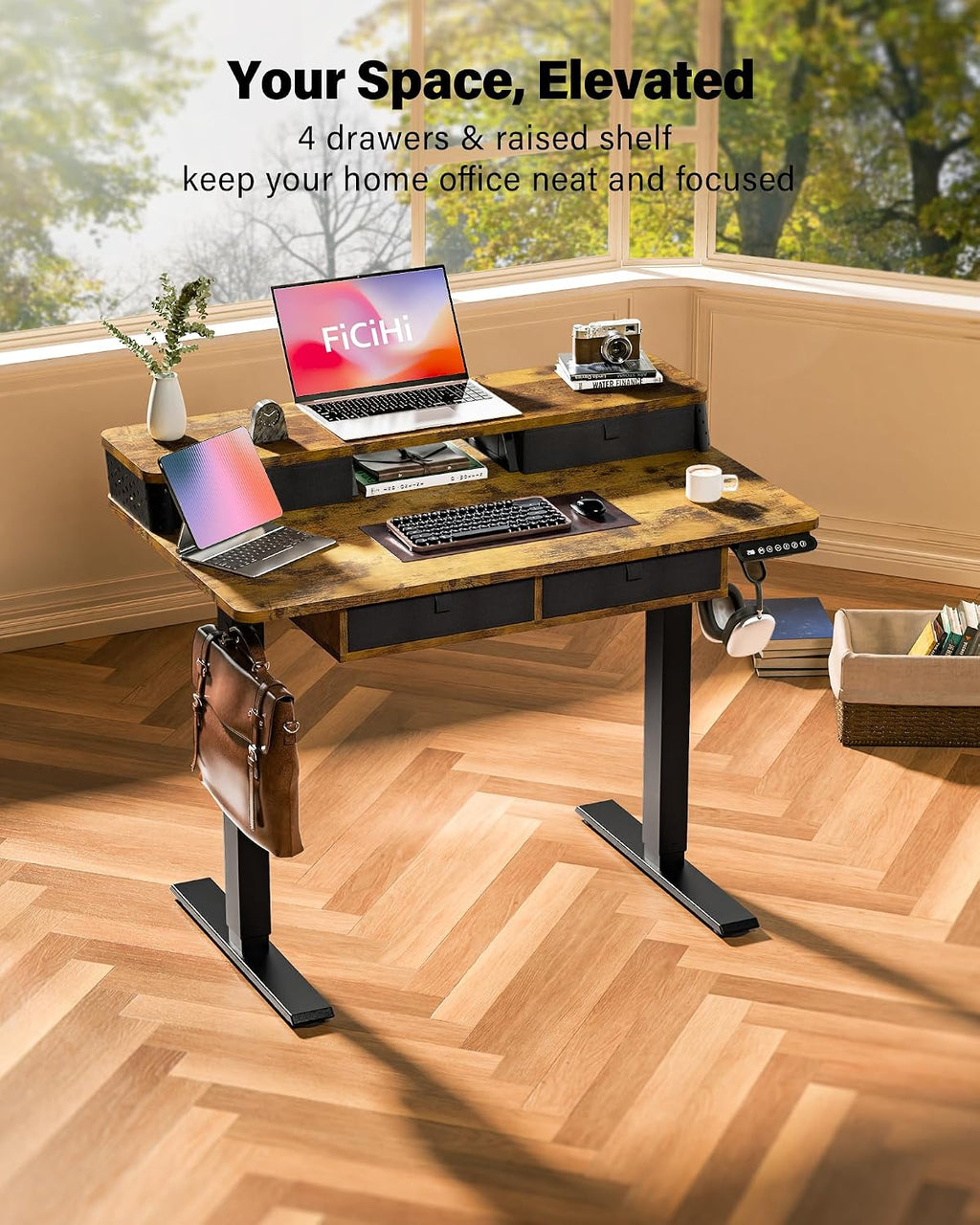 FiCiHi Electric Standing Desk with Four Drawers, 40 x 24 Inch Adjustable Height Sit Stand Desk, C-Clamp Compatible Home Office Desk with Storage Shelf & Monitor Stand Riser, Rustic Brown