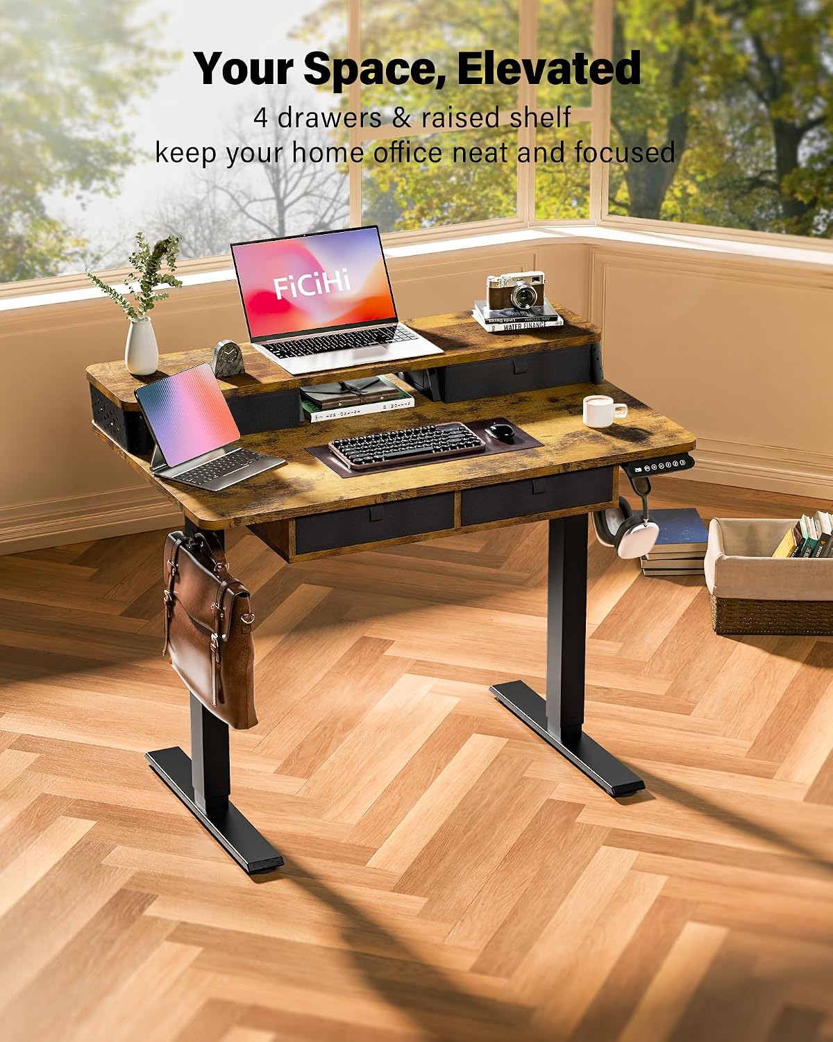 FiCiHi Electric Standing Desk with Four Drawers, 40 x 24 Inch Adjustable Height Sit Stand Desk, C-Clamp Compatible Home Office Desk with Storage Shelf & Monitor Stand Riser, Rustic Brown