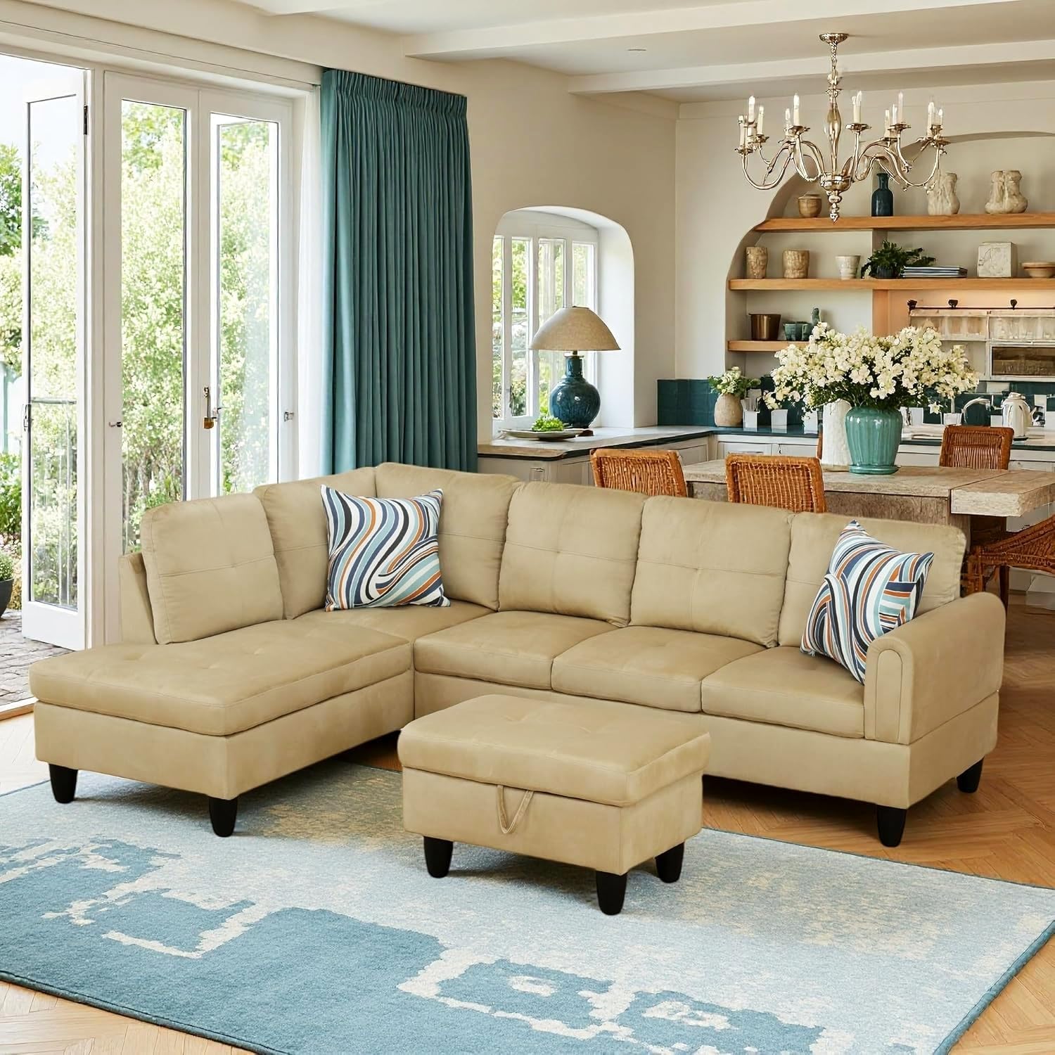 97' L Shaped Couch Sectional Couches with Chaise and Storage Ottoman, 3 Pieces Modular Convertible Sofa for Living Room Furniture Sets and Small Apartment, Beige