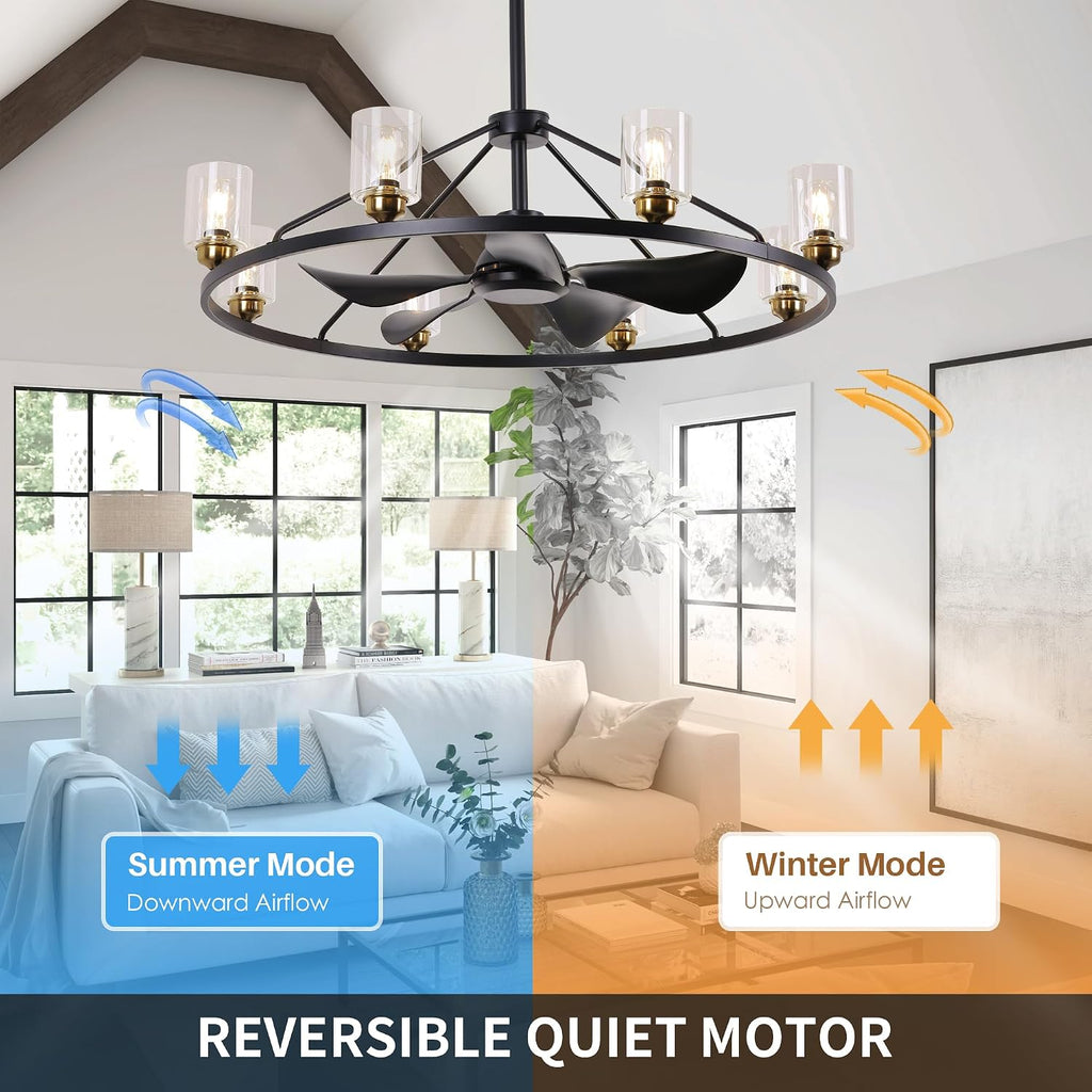 44 inch Ceiling Fans with Lights Wagon Wheel Chandelier, Farmhouse Fandelier Black Gold Fans with Glass Lampshade Light Fixture,App control,6 Speed,Timing,Adjustable Height for Dining Room Living Room