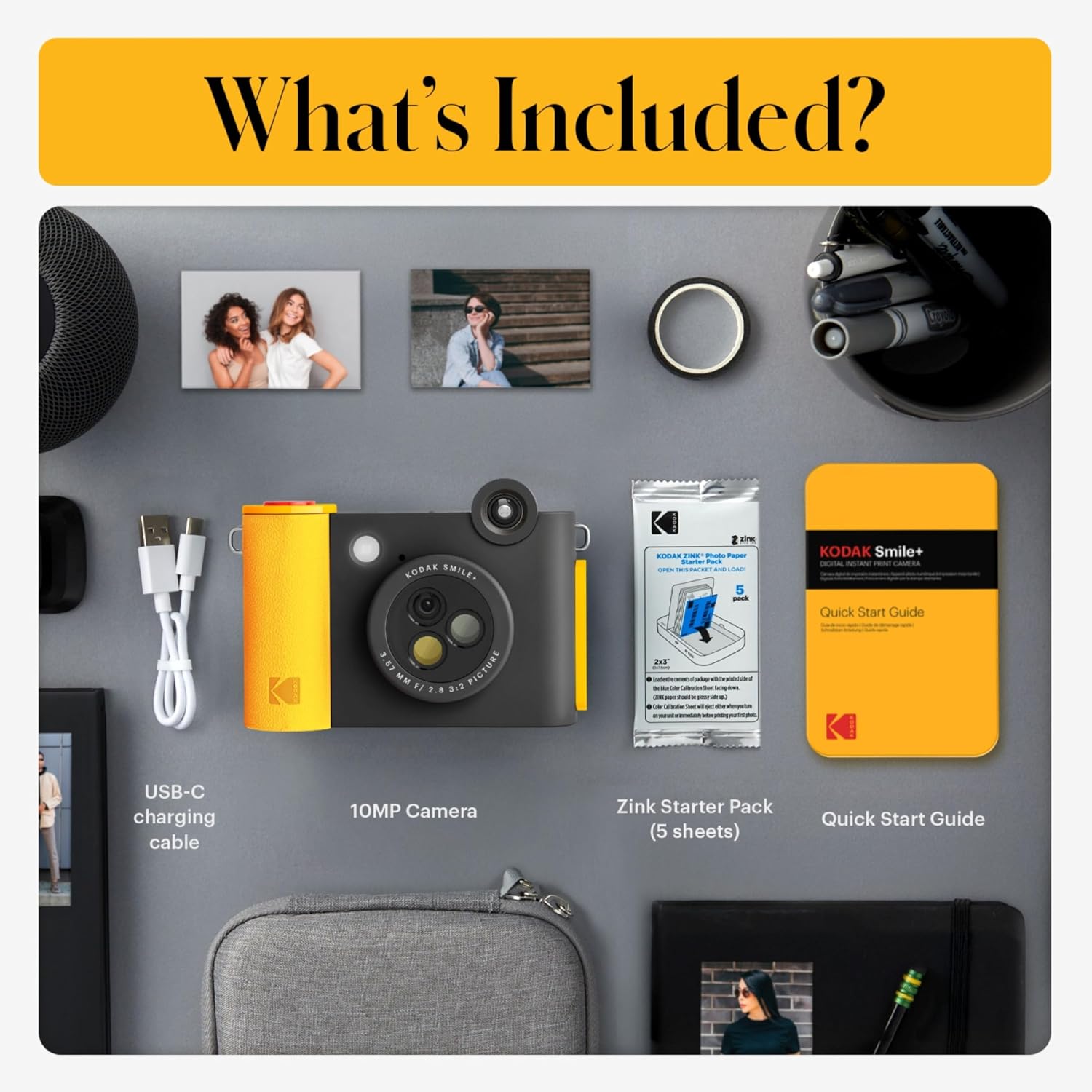 KODAK Smile+ 2-in-1 Digital Instant Print Camera & Photo Printer Gift Bundle + Case + Zink 20pk 2x3 Sticky Back Photo Paper + Album + Sticker Sets + Sticker Frames + Hanging Frames + Markers - Black
