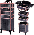 TOPACK Professional 4-In-1 Rolling Makeup Train Case, Large Makeup Travel Case with Key Shoulder Strap/Handle Cushion I Makeup Train Case I Makeup Nail Cart I Cosmetology Case on Wheels(Black Glod)