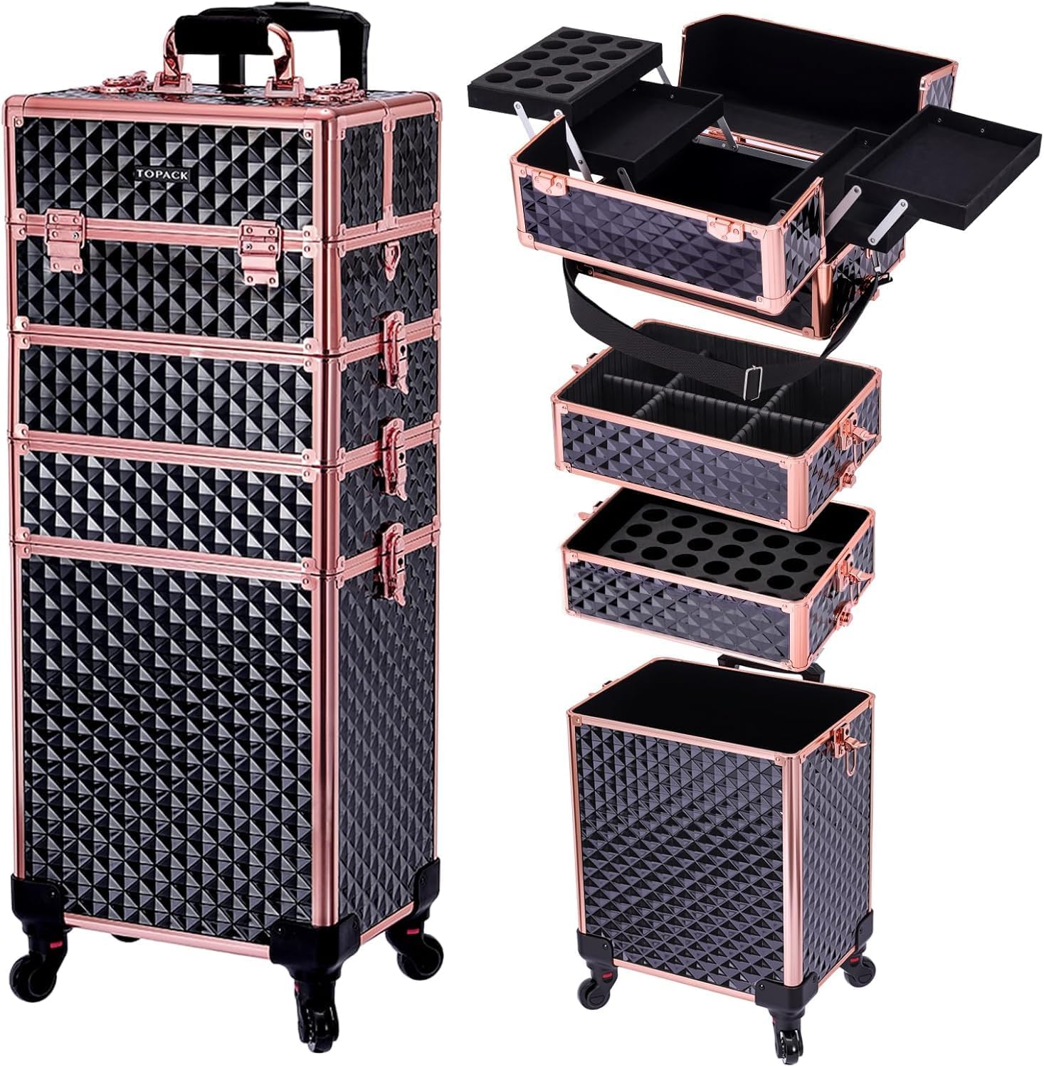 TOPACK Professional 4-In-1 Rolling Makeup Train Case, Large Makeup Travel Case with Key Shoulder Strap/Handle Cushion I Makeup Train Case I Makeup Nail Cart I Cosmetology Case on Wheels(Black Glod)