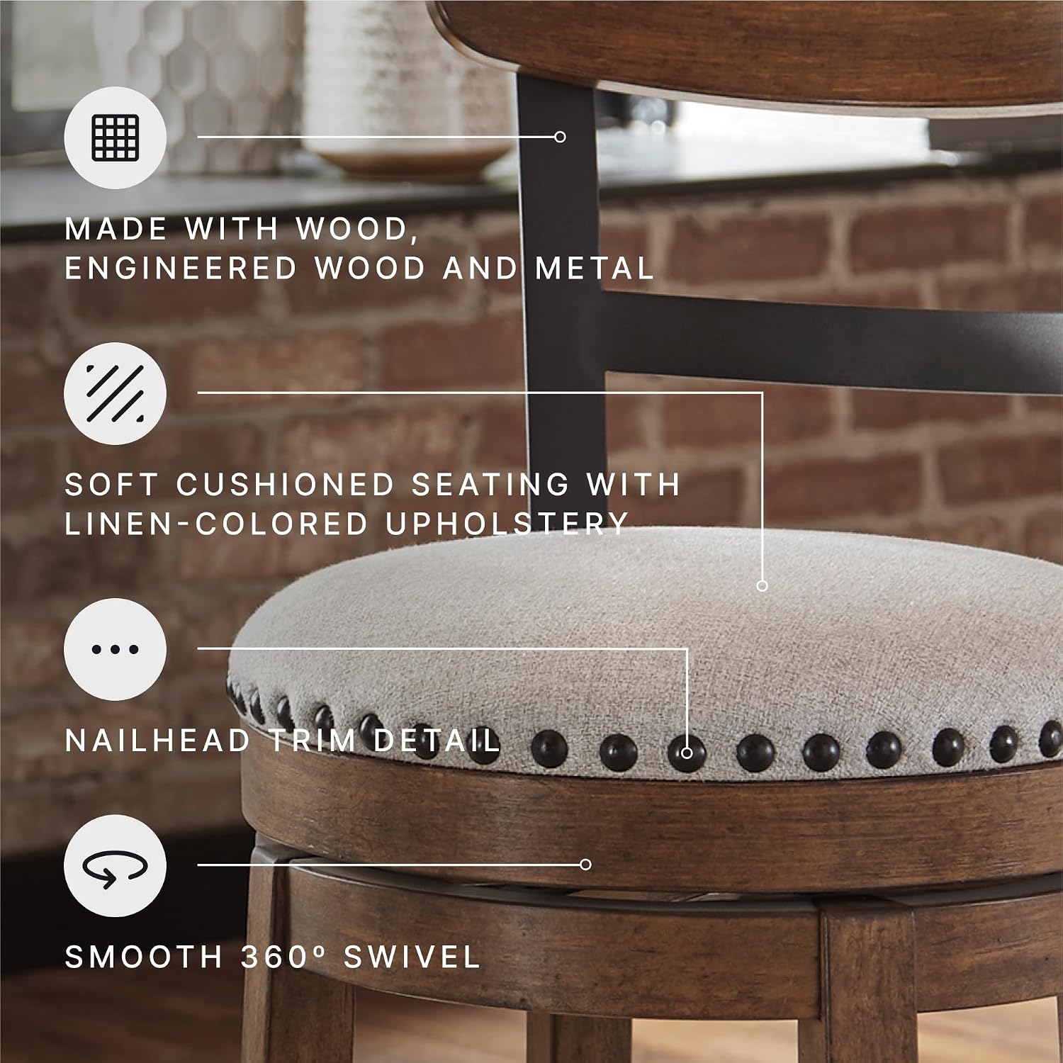 Signature Design by Ashley Valebeck Swivel Barstool With Back, Rustic-Industrial Wood and Metal, 360-Degree Swivel Counter Height Stool for Kitchen Island Seating, Linen Color