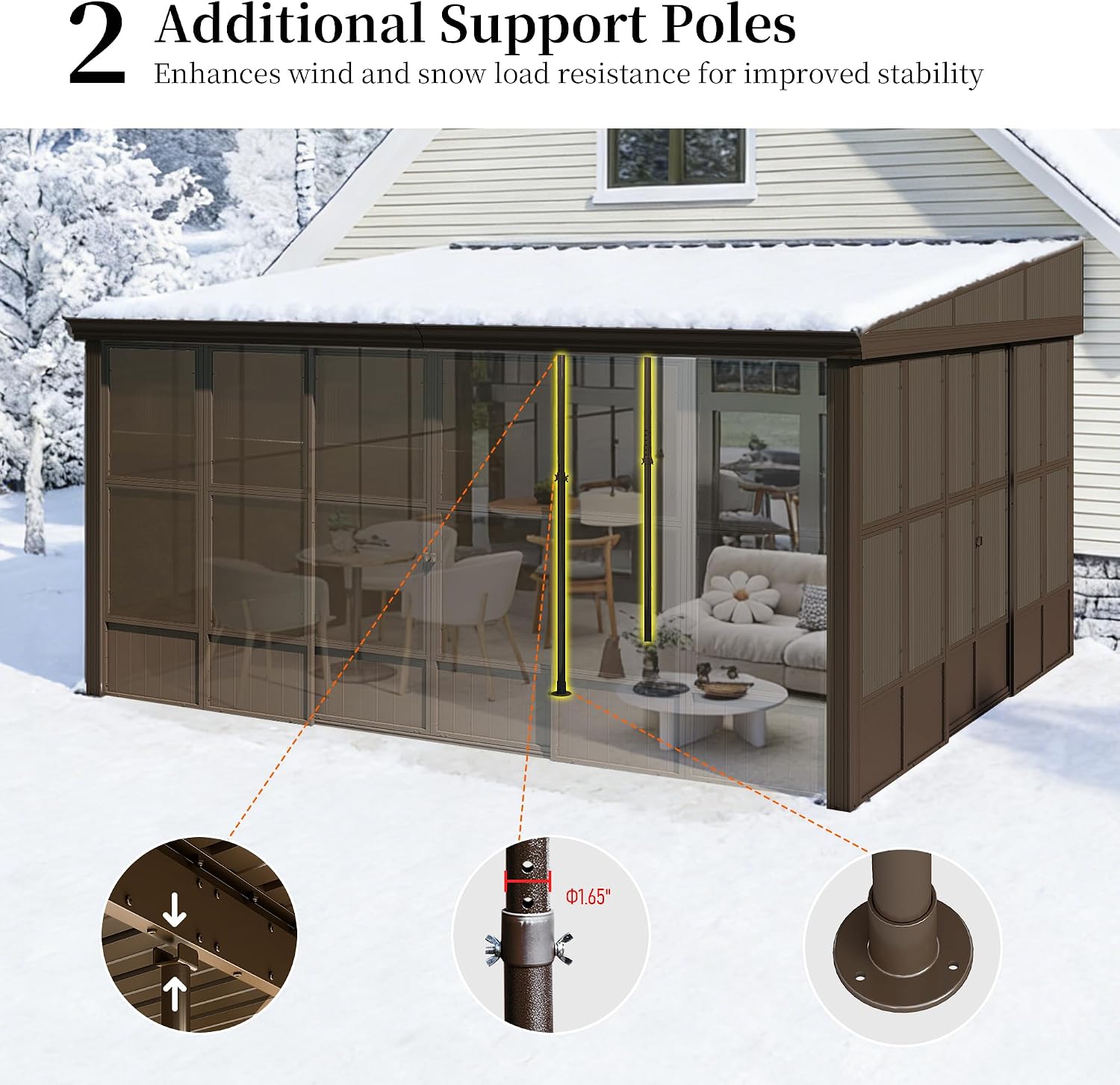 Domi 12x14FT Sunroom, Wall Mounted Sunroom Kit with Galvanized Steel Sloping Roof, Outdoor Sunroom Gazebo with Detachable PC Screen, 3 Sliding Double Doors, Lean to Sun Room for Patio, Deck