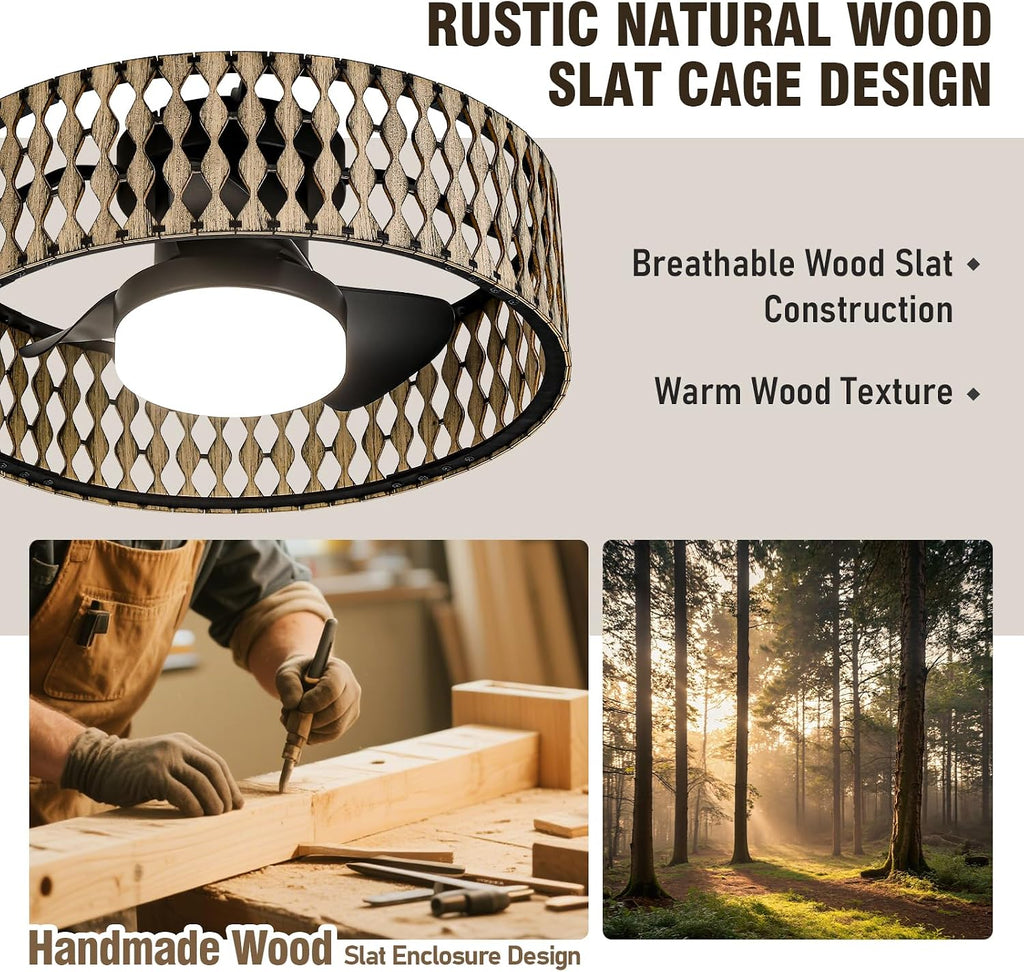 Boho Farmhouse Ceiling Fan with Lights,20' Low Profile Flush Mount Ceiling Fan with Remote,Rustic Wood Pattern Caged Ceiling Fan,Dimmable LED Light,Quiet 6-Speed DC Motor for Bedroom Kitchen