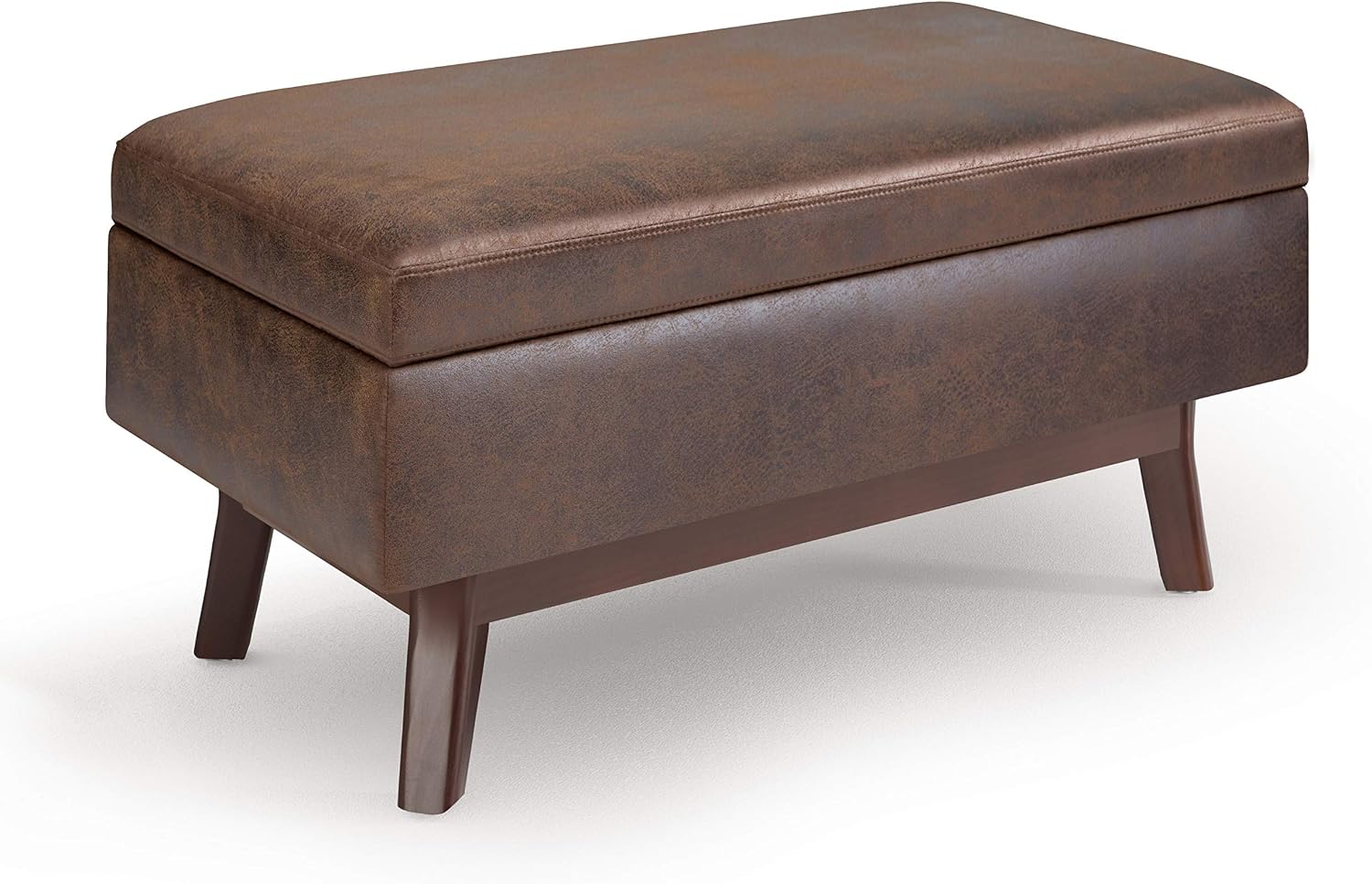 SIMPLIHOME Owen Small Rectangular Storage Ottoman - 36 inch Wide Upholstered Vegan Leather Lift-Top Ottoman in Distressed Chestnut Brown, Mid-Century Modern Ottoman for Living Room with Tufted Detail