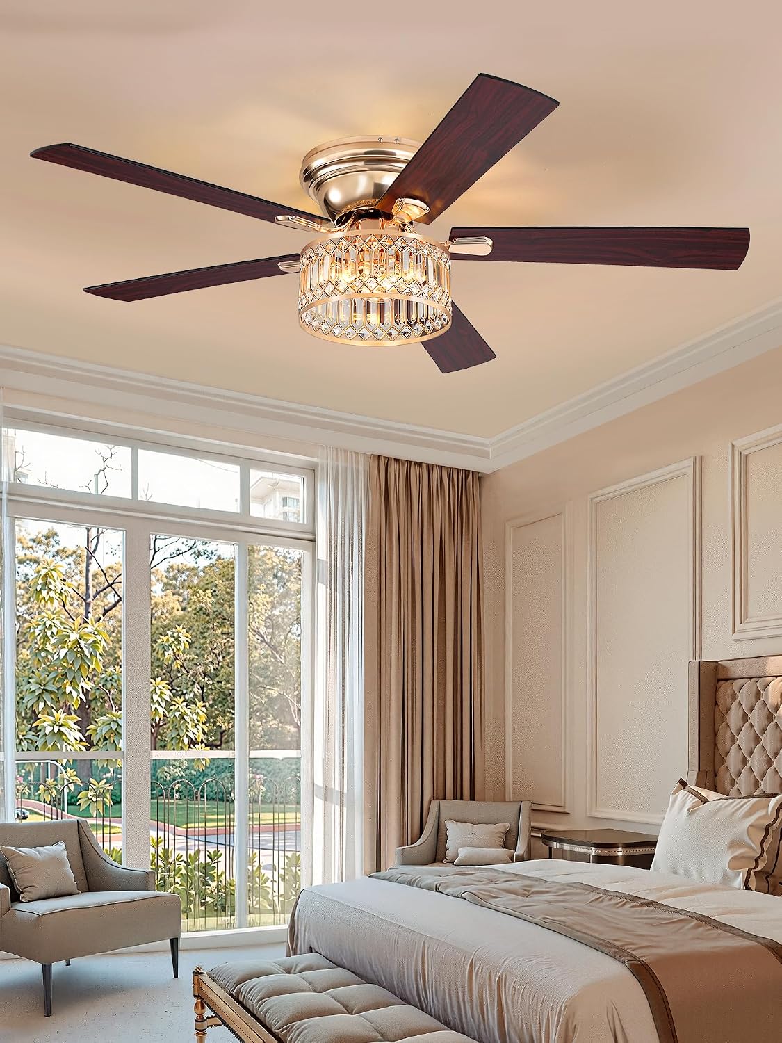 56 Inch Modern Farmhouse Fandelier Ceiling Fans with Lights, Gold Crystal Ceiling Fan with 6-Speeds, Quiet Reversible DC Motor, low profile ceiling fan with light for Bedroom, Living Room
