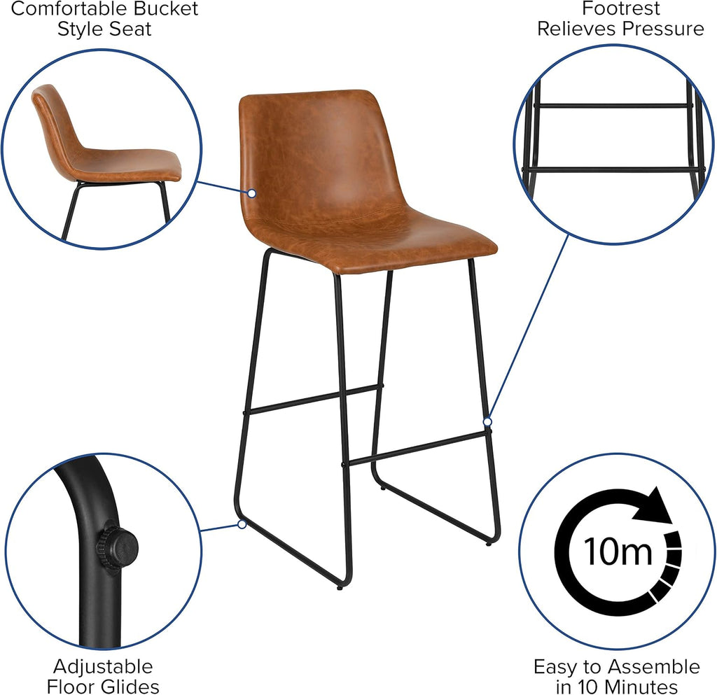 Flash Furniture Reagan 30' LeatherSoft Barstools with Footrest, Mid-Century Modern Bucket Style Bar Height Stools, Set of 2, Light Brown