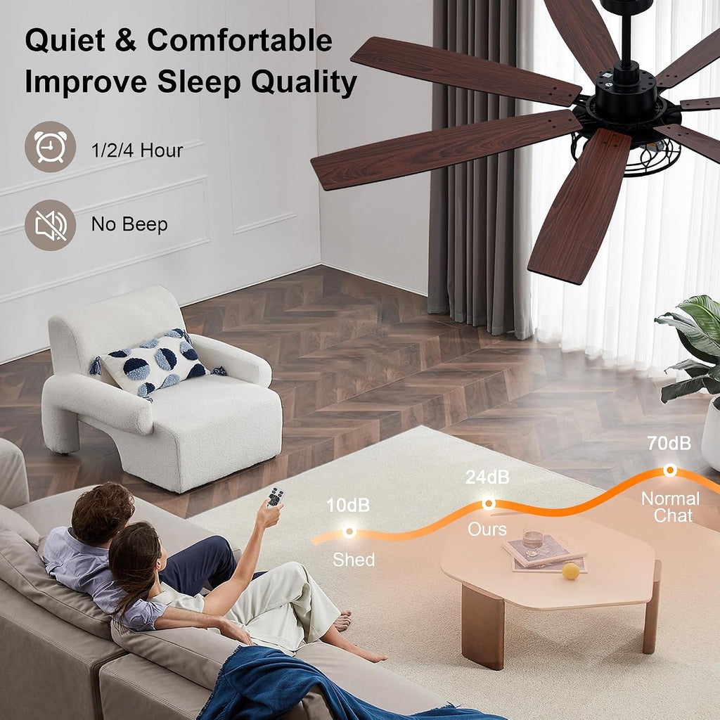 72 Inch Ceiling Fan with Lights Farmhouse Ceiling Fan with Lights Black Caged Fandelier Rustic Industrial Chandelier for Living Room Indoor Outdoor, Reversible DC Motor 6 Speeds