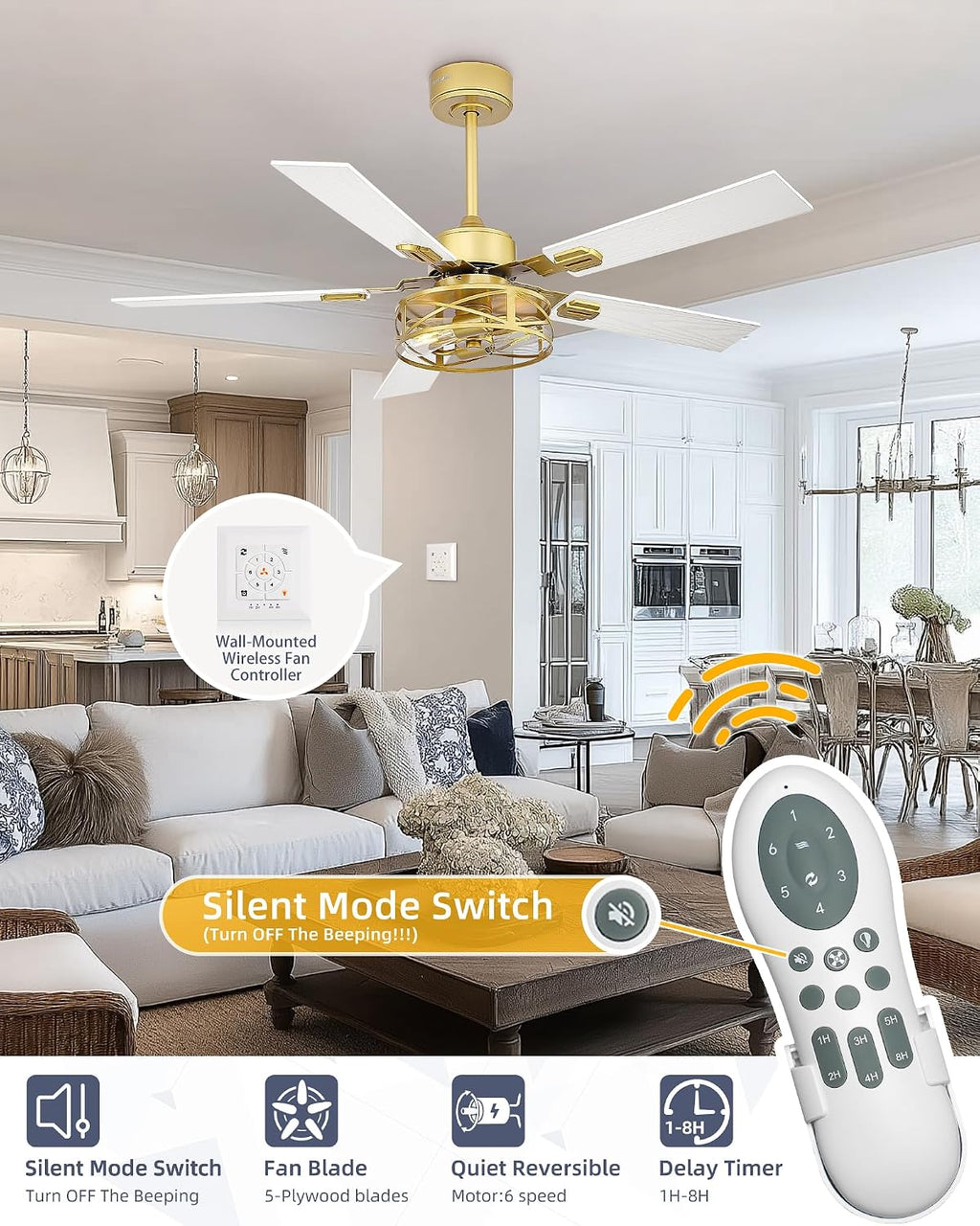YOUKAIN 48 Inch Ceiling Fans with Lights, Farmhouse Ceiling Fans with Wall Switch and Remote Control, 5-Reversible, Gold Finish, Outdoor Ceiling Fan for Cover Patio, 48-YJ632-GDW-WS