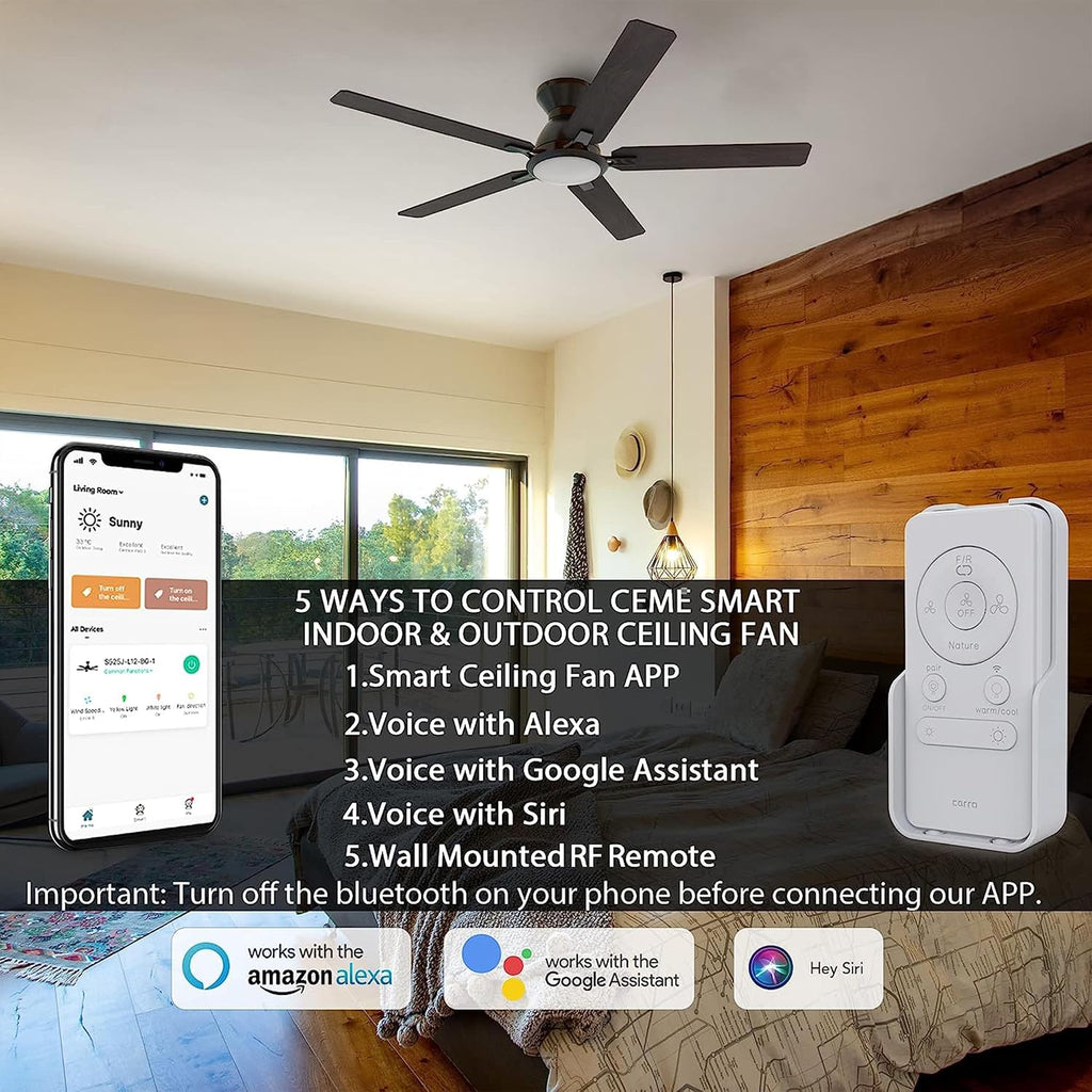 CEME 52' Smart Wood Ceiling Fan with Lights, 5000 CFM Outdoor Indoor Flush Mount Ceiling Fan, 10-Speed Quiet Motor, Siri Alexa Google Voice, 1%-100% Dimmable LED, 5 Reversible Blades for Farmhouse