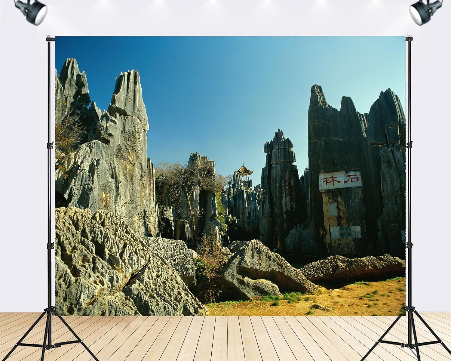 Trykid 20x10ft Stone Karst Peaks Backdrop Clear Blue Sky Traditional Pavilion Rugged Rock Formations Lush Greenery Dry Earthy Photography Background Travel Decoration Photo Booth Prop Fabric