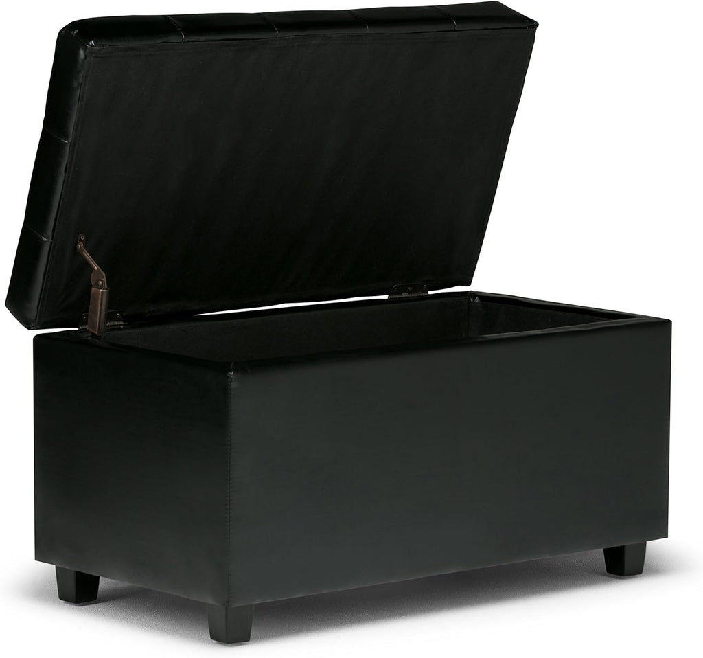 SIMPLIHOME Cosmopolitan Storage Ottoman - 34 inch Wide Upholstered Vegan Leather Rectangle Storage Ottoman Bench in Midnight Black, Transitional Tufted Ottoman for Living Room with Lift-Up Lid