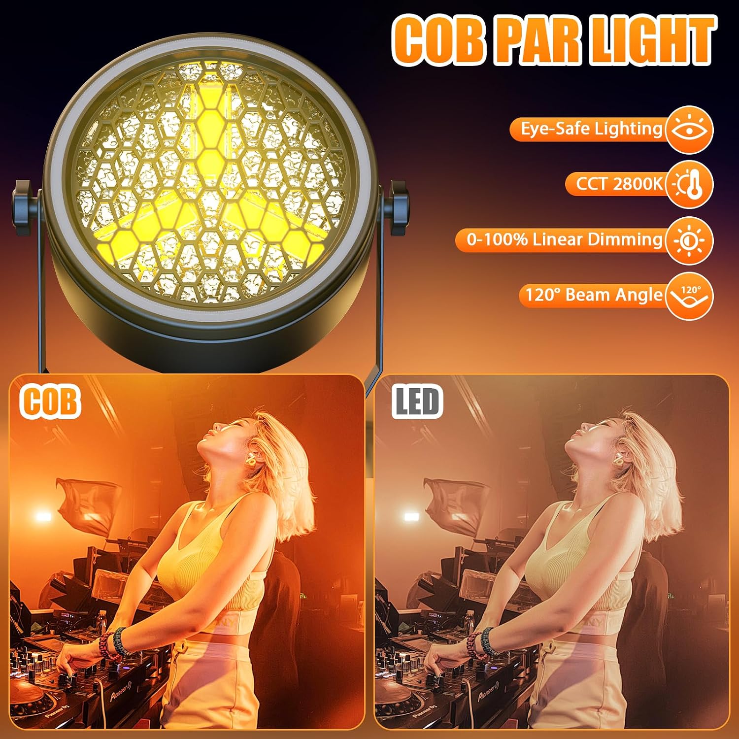 Stage Par Lights COB Stage Spotlights, Gold Super Bright LED Par Can Light with Strip, DMX512 Sound Activated Retro Uplights Indoor for Events Club Wedding Theater Church Dance Lighting(2 Pack)