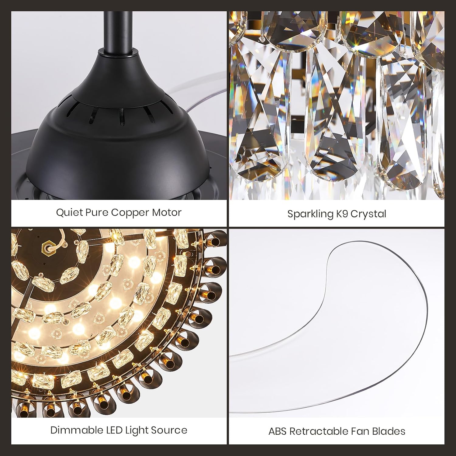 36 Inch Luxury Crystal Ceiling Fan with Light, Dimmable Ceiling Fans with Lights and Remote, Luxury Retractable Chandelier Fan for Living Room Dinning Room Kitchen