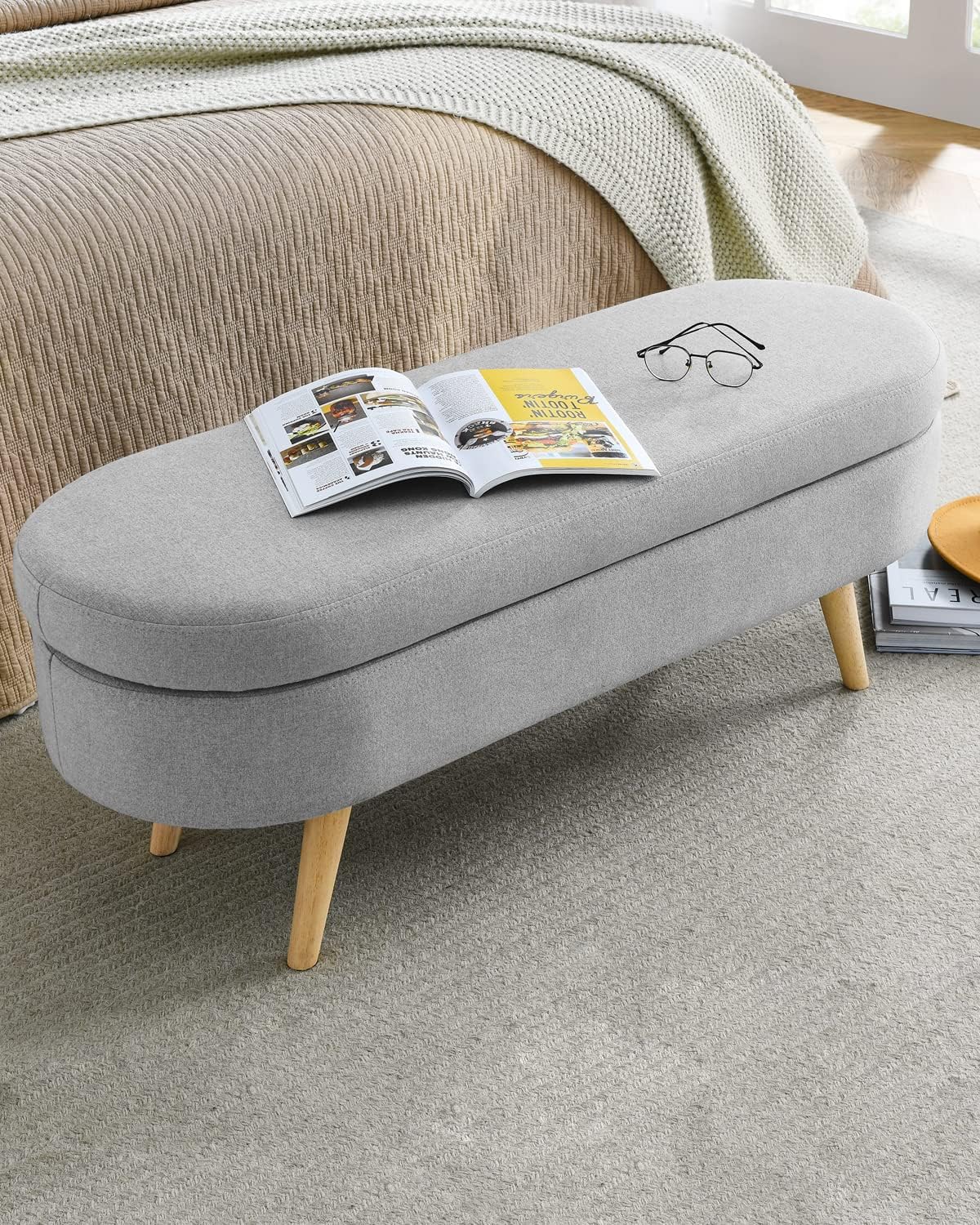 ECLYL Oval Storage Bench 43.5' Linen Fabric Upholstered Entryway Bench with Solid Wood Legs Ottoman Bench Indoor Bench for Living Room/Bedroom/End of Bed/Entryway (Grey)