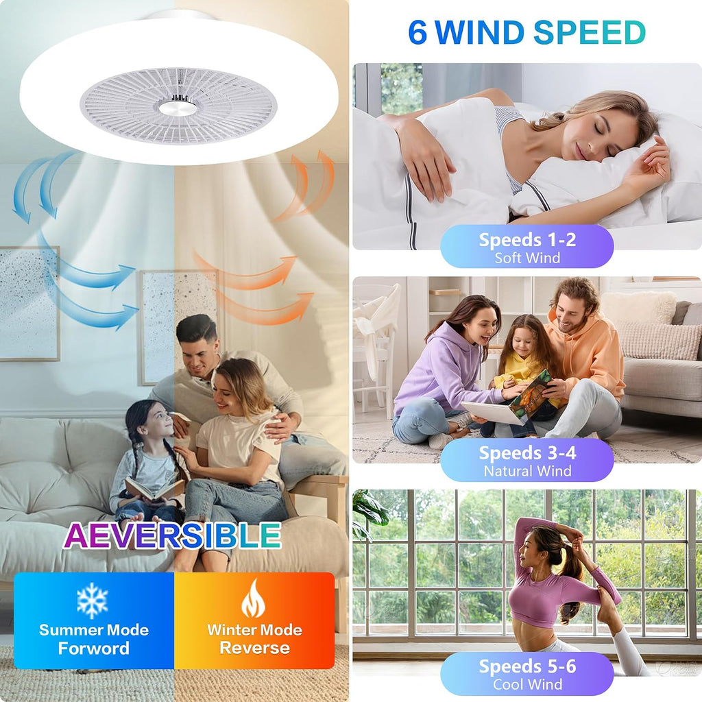 24' Low Profile Bladeless Ceiling Fan with Lights Alexa/Tuya APP/Remote Control, Smart RGB Ceilings Fans with Dimmable Lights, White