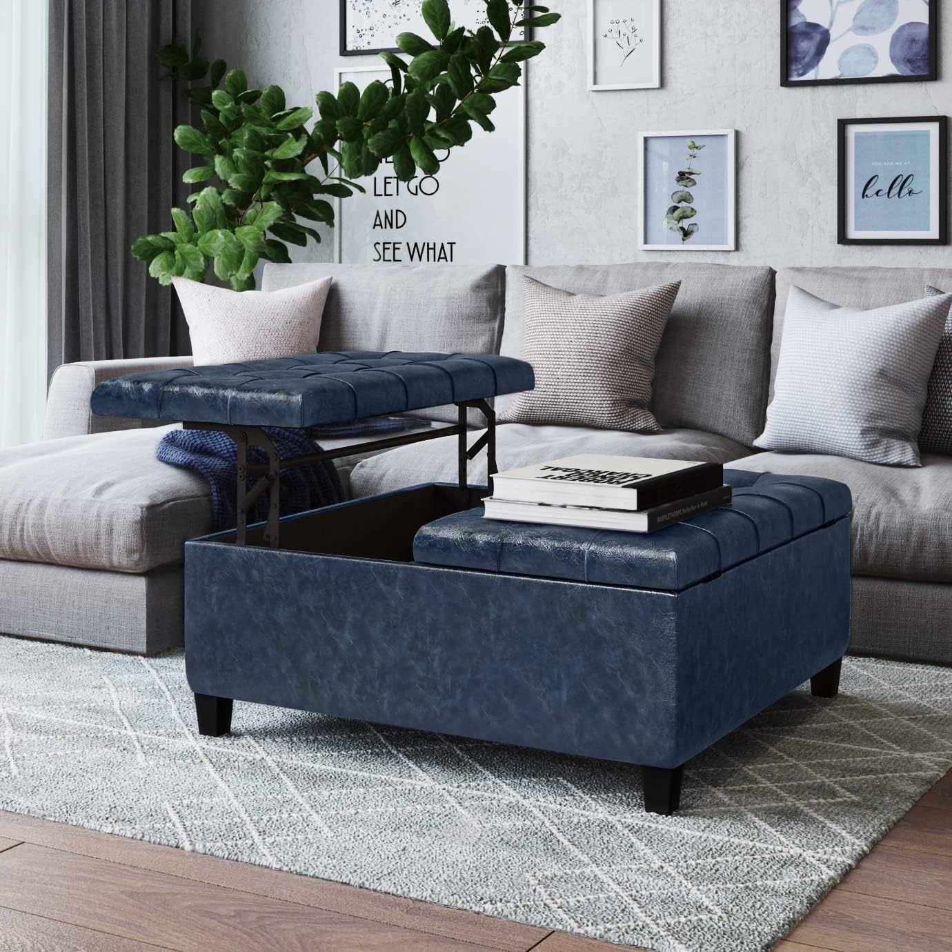 SIMPLIHOME Harrison Coffee Table Storage Ottoman - 36 inch Wide Upholstered Vegan Leather Square Lift-Top Ottoman in Denim Blue, Transitional Ottoman for Living Room with Hidden Storage