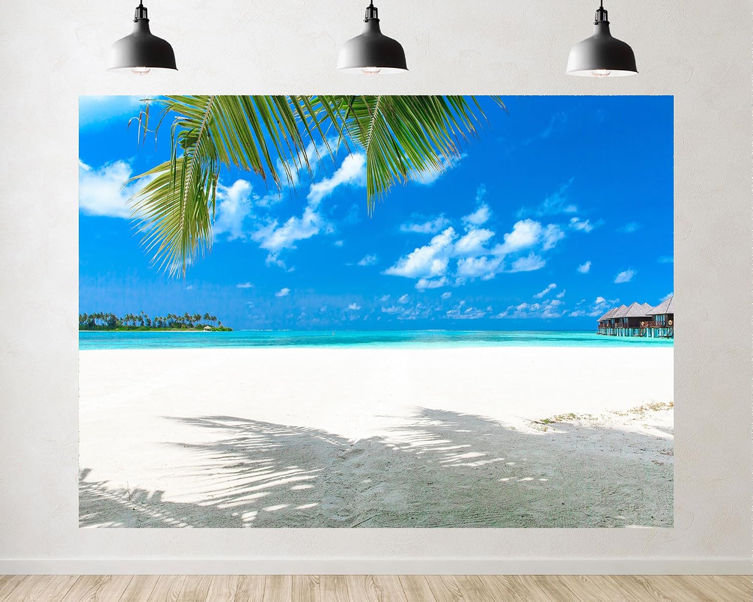 Trykid 20x10ft Tropical White Sand Beach Backdrop Turquoise Water Palm Leaves Overwater Bungalows Clear Sky Photography Background Island Tapestry Party Decoration Photo Studio Prop Fabric