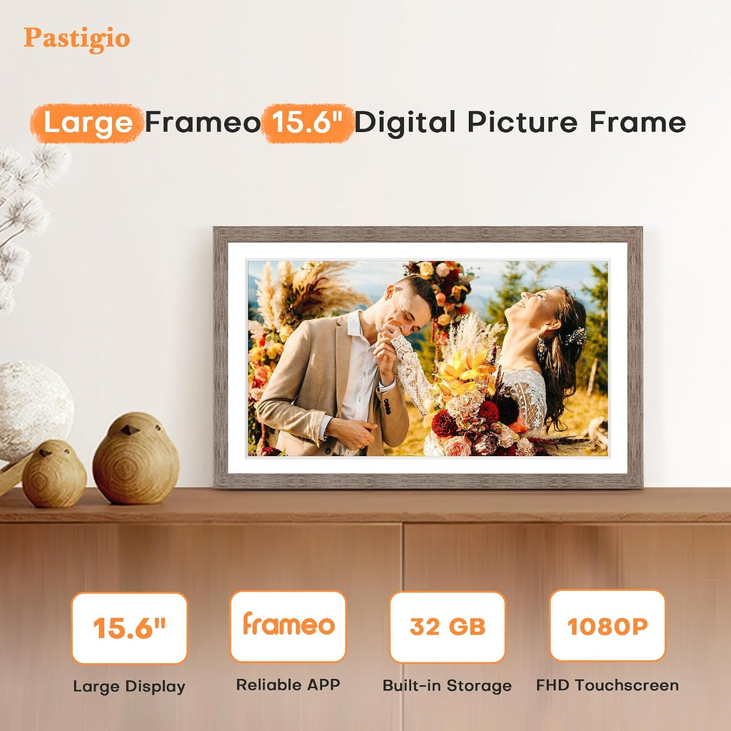 Digital Picture Frame 15.6 Inch, Large WIFI Digital Photo Frame Frameo,Electric Slideshow Frame, 1920 * 1080 IPS FHD Touchscreen, 32GB, Tabletop&Wall-Mounted, Share Video Picture, Wedding Gift, Greige