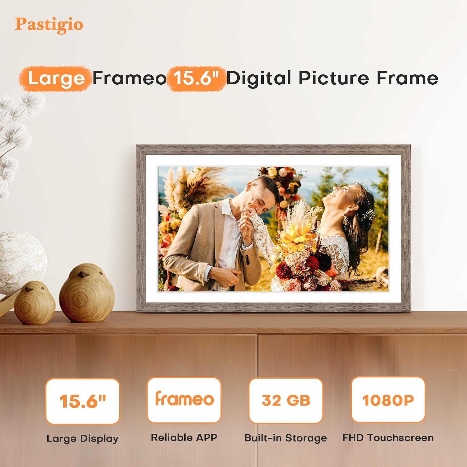 Digital Picture Frame 15.6 Inch, Large WIFI Digital Photo Frame Frameo,Electric Slideshow Frame, 1920 * 1080 IPS FHD Touchscreen, 32GB, Tabletop&Wall-Mounted, Share Video Picture, Wedding Gift, Greige