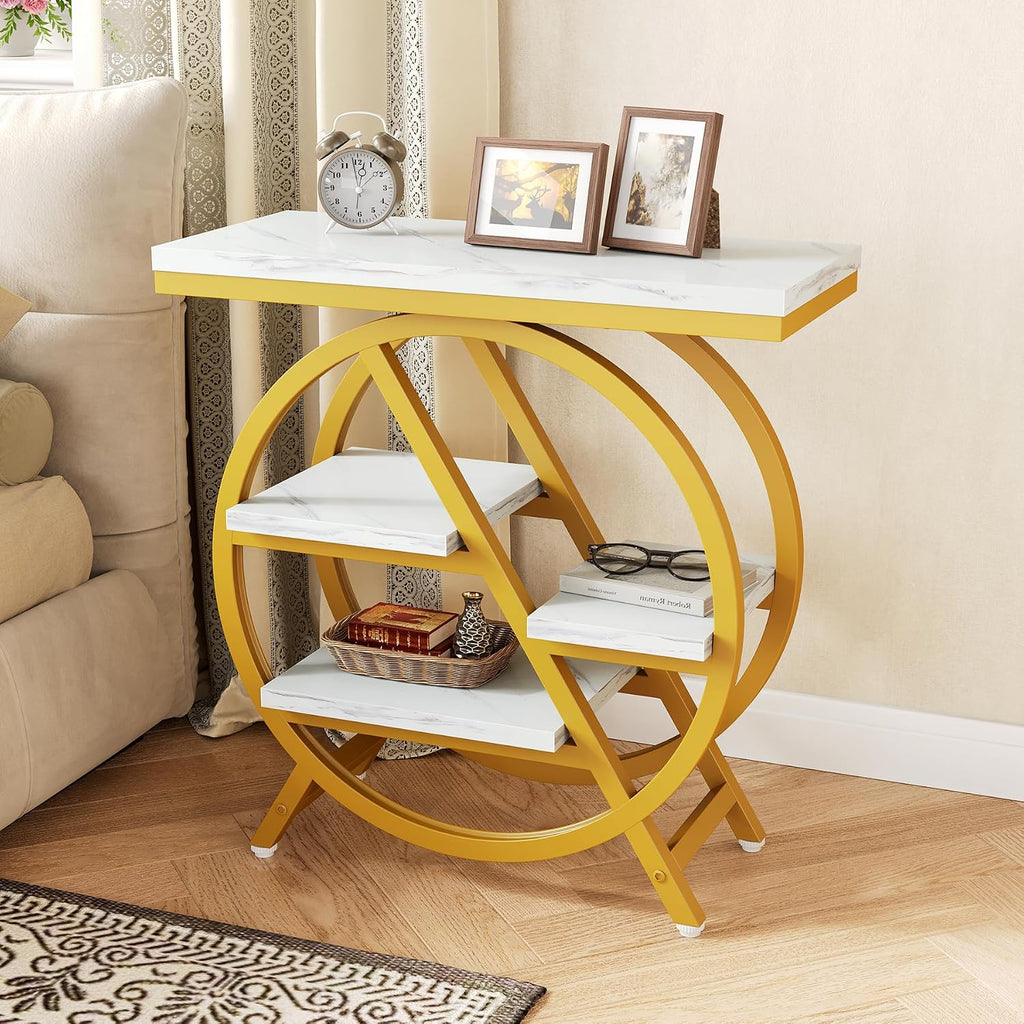 LITTLE TREE End Table Set of 2, 4-Tier Narrow Faux Marble Side Table with Large Storage Space, Modern Nightatsnd and Bedside Table for Living Room, Home Office, Bedroom, White and Gold