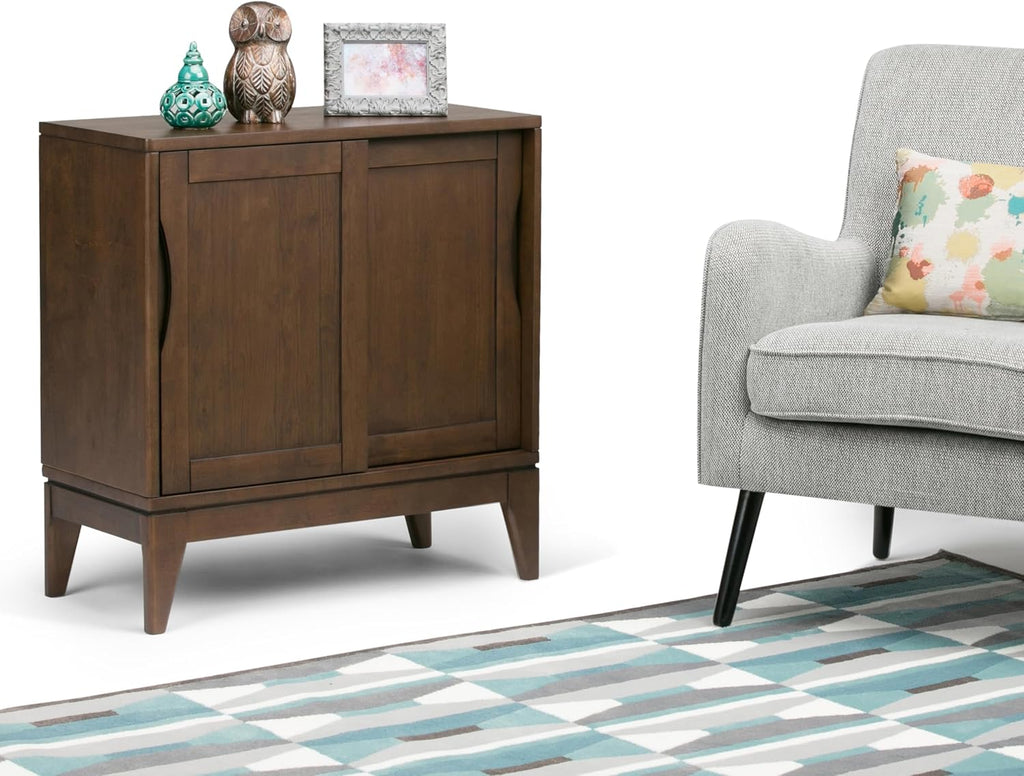 SIMPLIHOME Harper Storage Cabinet - 30 inch Wide Solid Hardwood 2-Shelf Low Console Cabinet in Walnut Brown, Mid-Century Modern Cupboard for Living Room with Sliding Doors and Adjustable Shelves