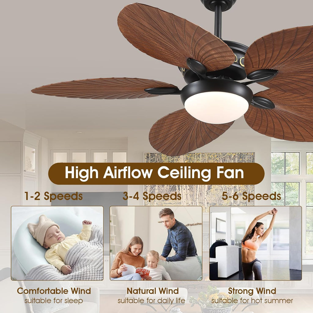 Wiviniya 52 Inch Tropical Ceiling Fans with Lights, Palm Leaf Outdoor Ceiling Fan with Light for Patios Porch Bedroom, Remote/APP Control, Reversible Quiet DC Motor, Dimmable LED, Brown